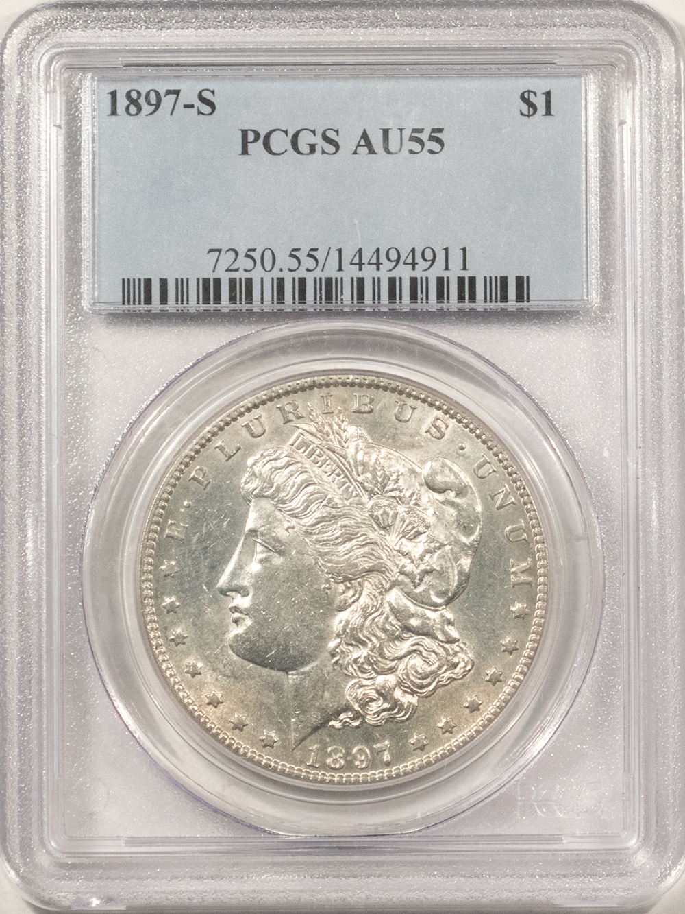 Dollars 1897-S $1 MORGAN DOLLAR – PCGS AU-55, FLASHY! Dollars 1897-S $1 MORGAN DOLLAR – PCGS AU-55, FLASHY!