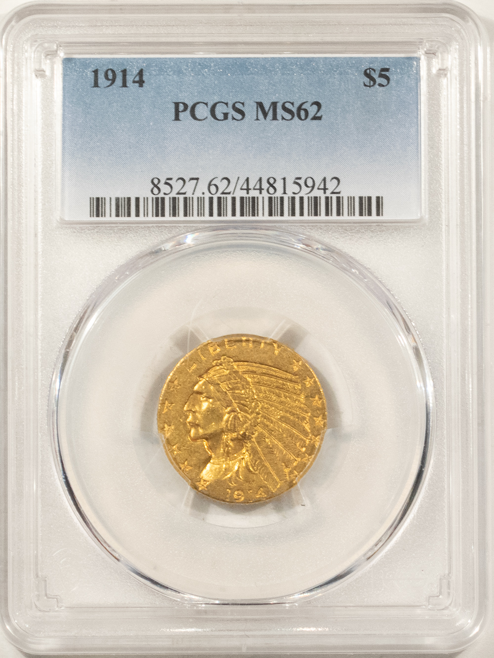 $5 1914 $5 INDIAN GOLD HALF EAGLE – PCGS MS-62, BETTER DATE! $5 1914 $5 INDIAN GOLD HALF EAGLE – PCGS MS-62, BETTER DATE!