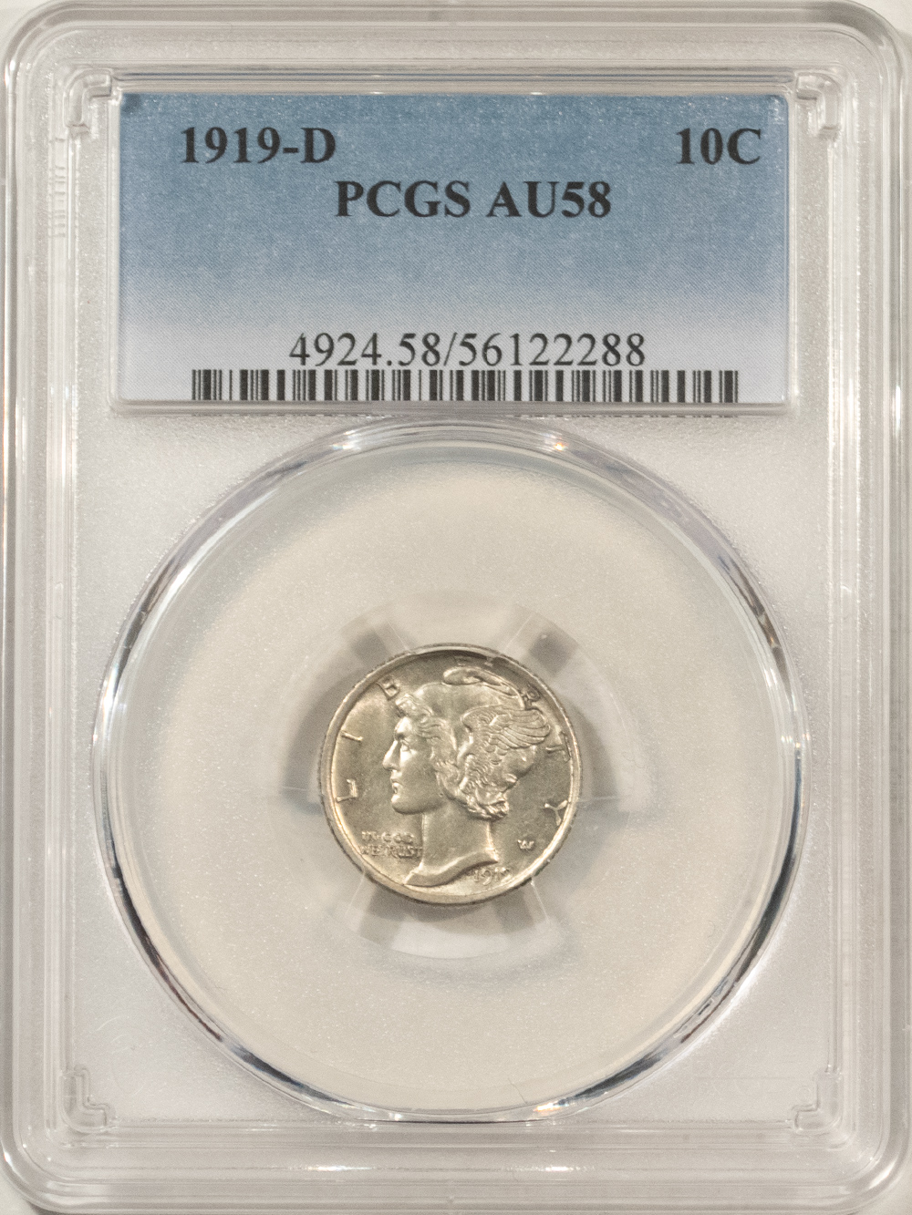 Dimes 1919-D MERCURY DIME – PCGS AU-58, WHITE, FLASHY & TOUGH! Dimes 1919-D MERCURY DIME – PCGS AU-58, WHITE, FLASHY & TOUGH!