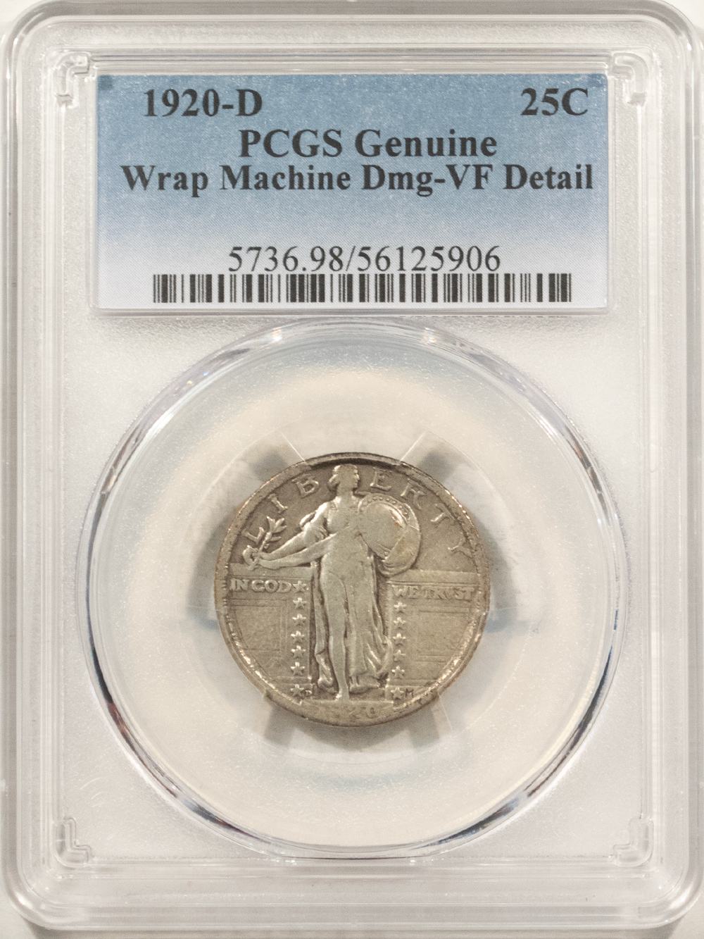 New Certified Coins 1920-D STANDING LIBERTY QUARTER – PCGS GENUINE WRAP MACHINE DMG VF DETAIL, NICE! New Certified Coins 1920-D STANDING LIBERTY QUARTER – PCGS GENUINE WRAP MACHINE DMG VF DETAIL, NICE!