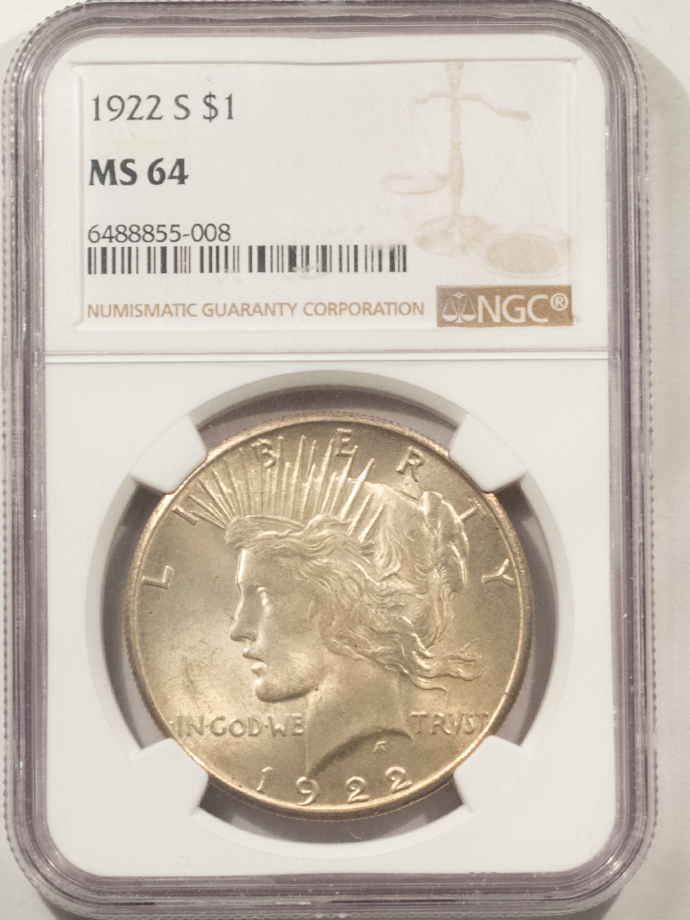 Dollars 1922-S $1 PEACE DOLLAR – NGC MS-64, FRESH & ORIGINAL! Dollars 1922-S $1 PEACE DOLLAR – NGC MS-64, FRESH & ORIGINAL!