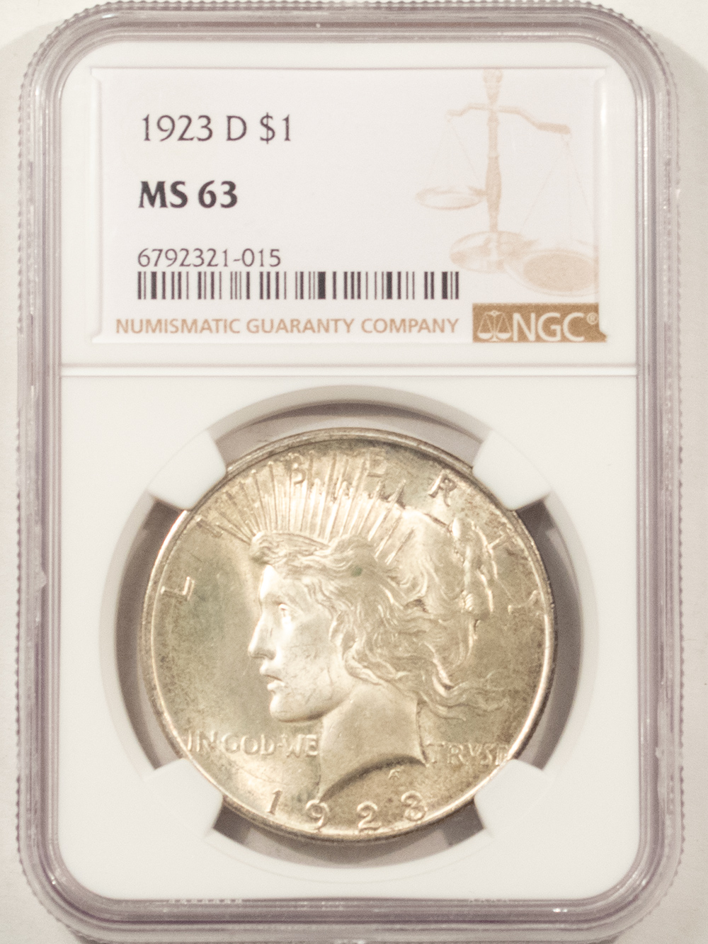 Dollars 1923-D $1 PEACE DOLLAR, VAM 1A, DIE GOUGE – NGC MS-63, CHOICE! Dollars 1923-D $1 PEACE DOLLAR, VAM 1A, DIE GOUGE – NGC MS-63, CHOICE!