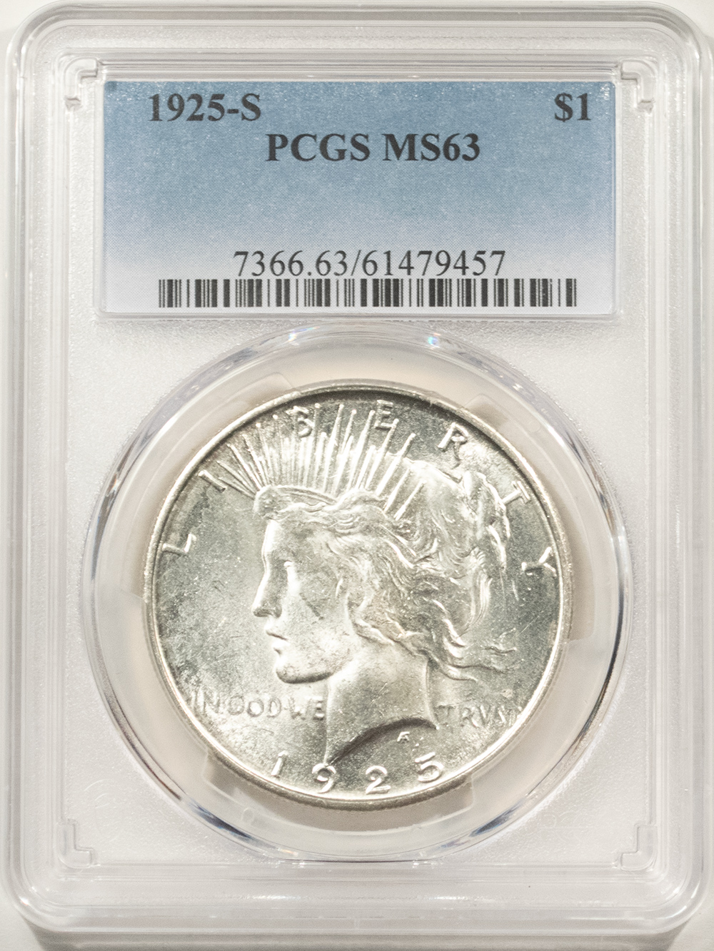 Dollars 1925-S $1 PEACE DOLLAR – PCGS MS-63, BLAST WHITE! Dollars 1925-S $1 PEACE DOLLAR – PCGS MS-63, BLAST WHITE!