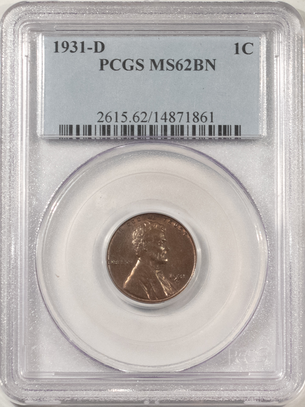 Lincoln Cents (Wheat) 1931-D LINCOLN CENT – PCGS MS-62 BN, LOOKS BETTER! PREMIUM QUALITY! Lincoln Cents (Wheat) 1931-D LINCOLN CENT – PCGS MS-62 BN, LOOKS BETTER! PREMIUM QUALITY!