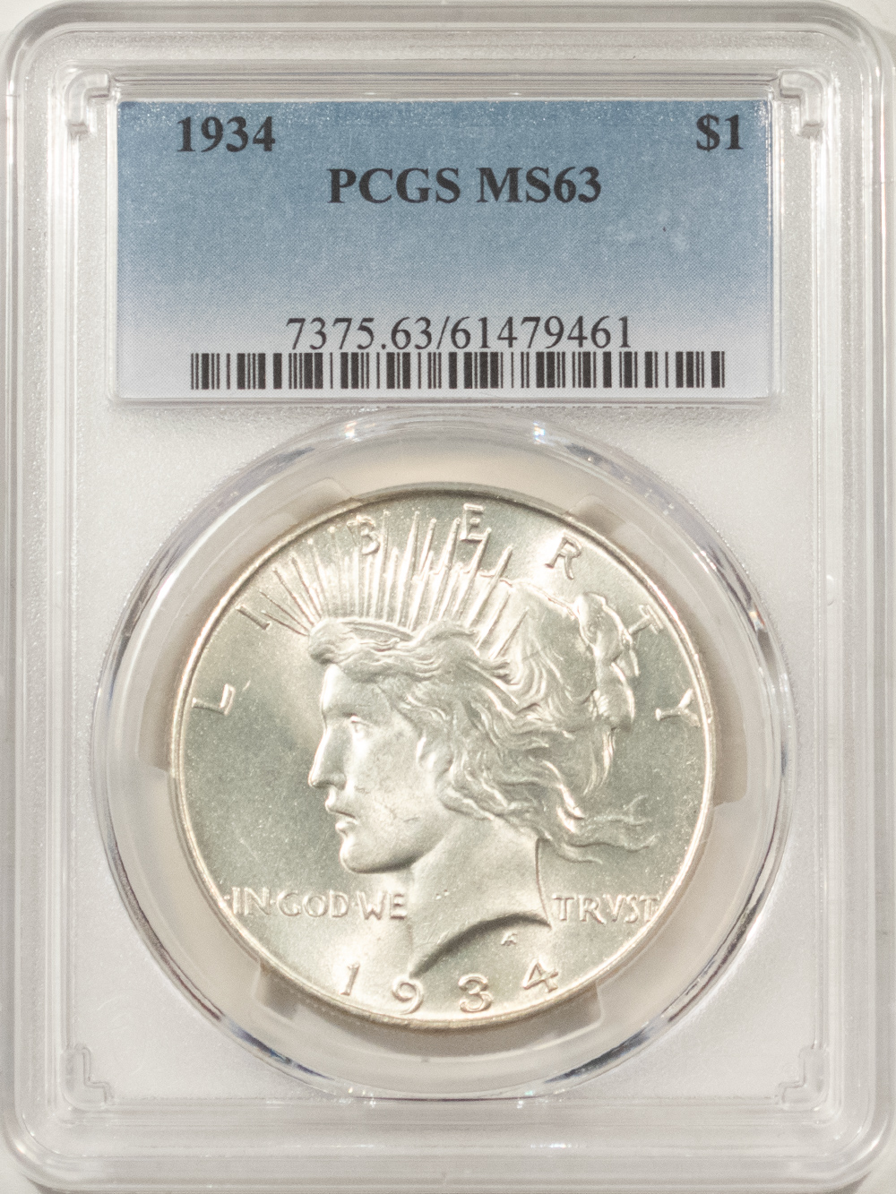 Dollars 1934 $1 PEACE DOLLAR – PCGS MS-63, BLAST WHITE! CHOICE! Dollars 1934 $1 PEACE DOLLAR – PCGS MS-63, BLAST WHITE! CHOICE!