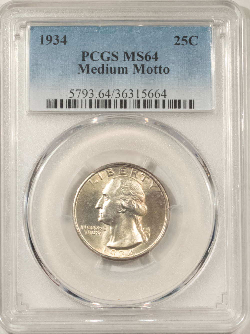 New Certified Coins 1934 WASHINGTON QUARTER, MEDIUM MOTTO – PCGS MS-64, NICE ORIGINAL! New Certified Coins 1934 WASHINGTON QUARTER, MEDIUM MOTTO – PCGS MS-64, NICE ORIGINAL!
