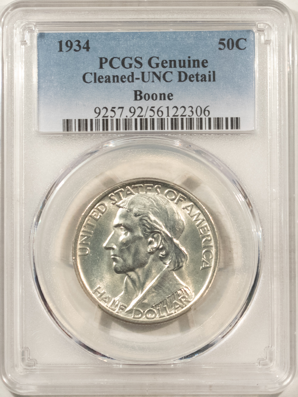 Early Commems 1934 BOONE COMMEMORATIVE HALF DOLLAR – PCGS GENUINE CLEANED UNC DETAIL, WHITE! Early Commems 1934 BOONE COMMEMORATIVE HALF DOLLAR – PCGS GENUINE CLEANED UNC DETAIL, WHITE!