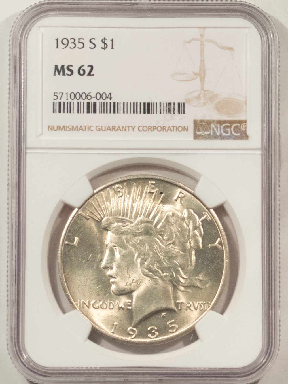 Dollars 1935-S $1 PEACE DOLLAR – NGC MS-62, FLASHY & TOUGH! Dollars 1935-S $1 PEACE DOLLAR – NGC MS-62, FLASHY & TOUGH!