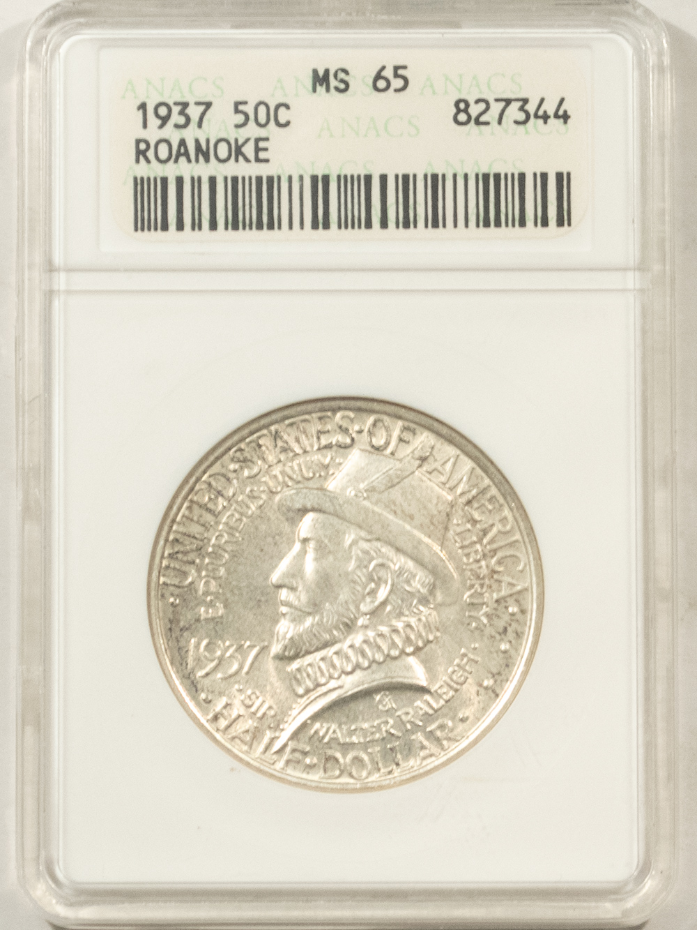 Early Commems 1937 ROANOKE COMMEMORATIVE HALF DOLLAR – ANACS MS-65, OLD WHITE HOLDER! PQ! Early Commems 1937 ROANOKE COMMEMORATIVE HALF DOLLAR – ANACS MS-65, OLD WHITE HOLDER! PQ!