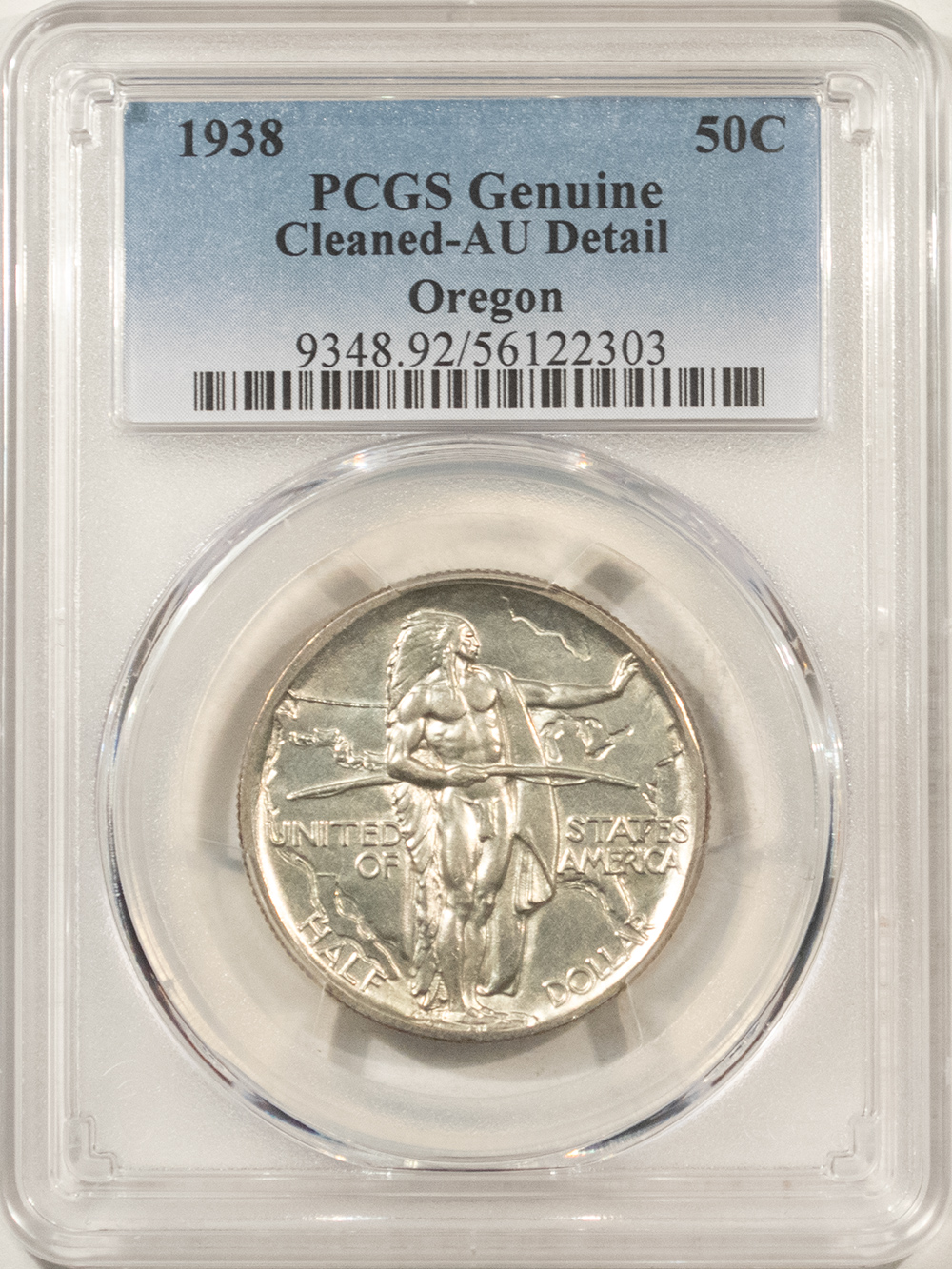 Early Commems 1938 OREGON COMMEM HALF DOLLAR PCGS GENUINE CLEANED, AU DETAIL, LOOKS CHOICE UNC Early Commems 1938 OREGON COMMEM HALF DOLLAR PCGS GENUINE CLEANED, AU DETAIL, LOOKS CHOICE UNC