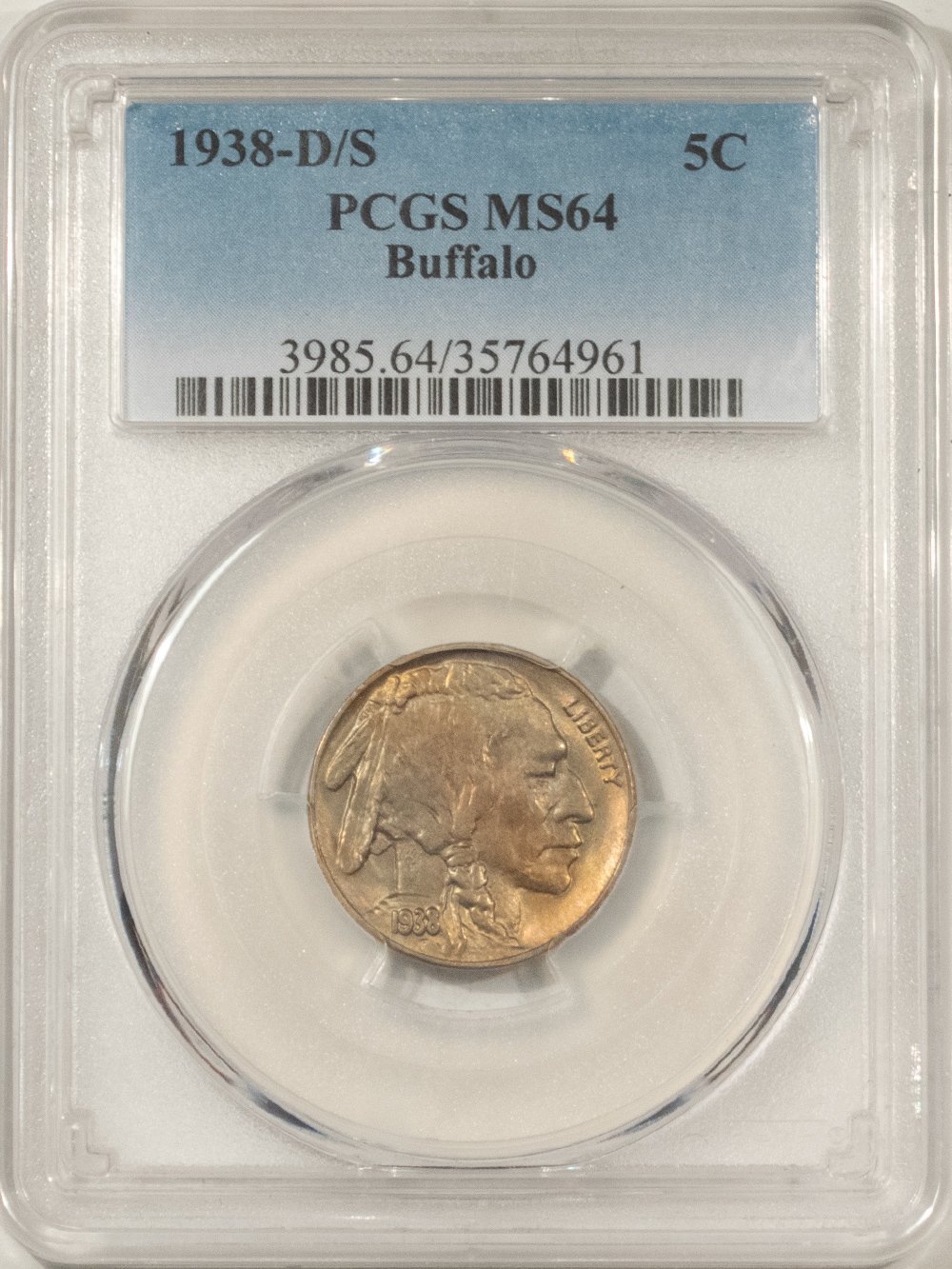 Buffalo Nickels 1938-D/S BUFFALO NICKEL – PCGS MS-64, POPULAR VARIETY, PRETTY! Buffalo Nickels 1938-D/S BUFFALO NICKEL – PCGS MS-64, POPULAR VARIETY, PRETTY!