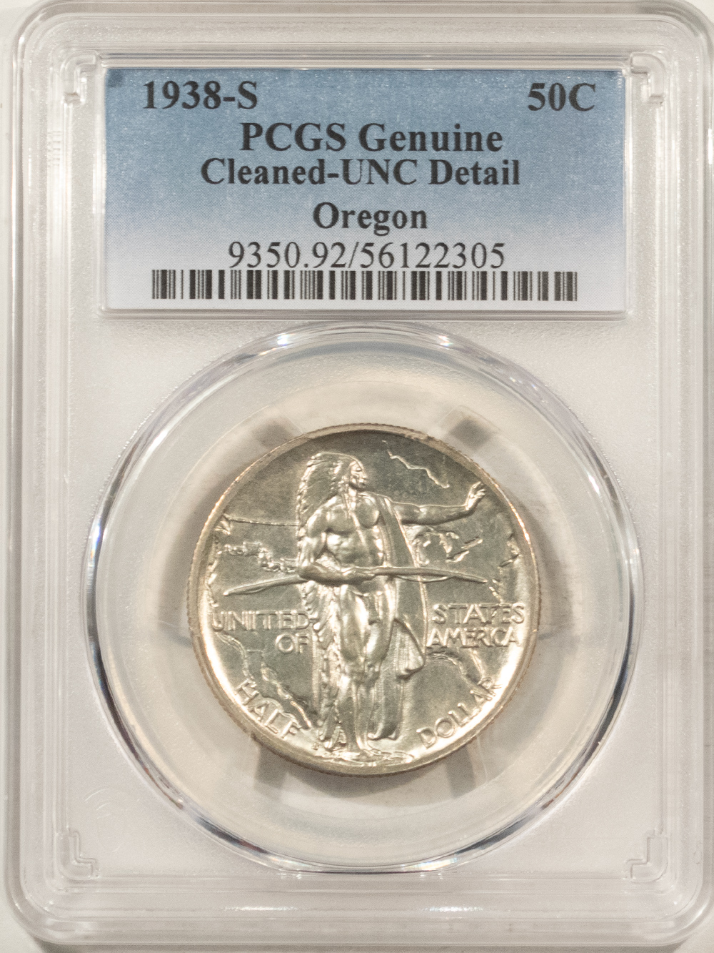 Early Commems 1938-S OREGON COMMEMORATIVE HALF DOLLAR, PCGS GENUINE CLEANED UNC DETAIL, WHITE! Early Commems 1938-S OREGON COMMEMORATIVE HALF DOLLAR, PCGS GENUINE CLEANED UNC DETAIL, WHITE!