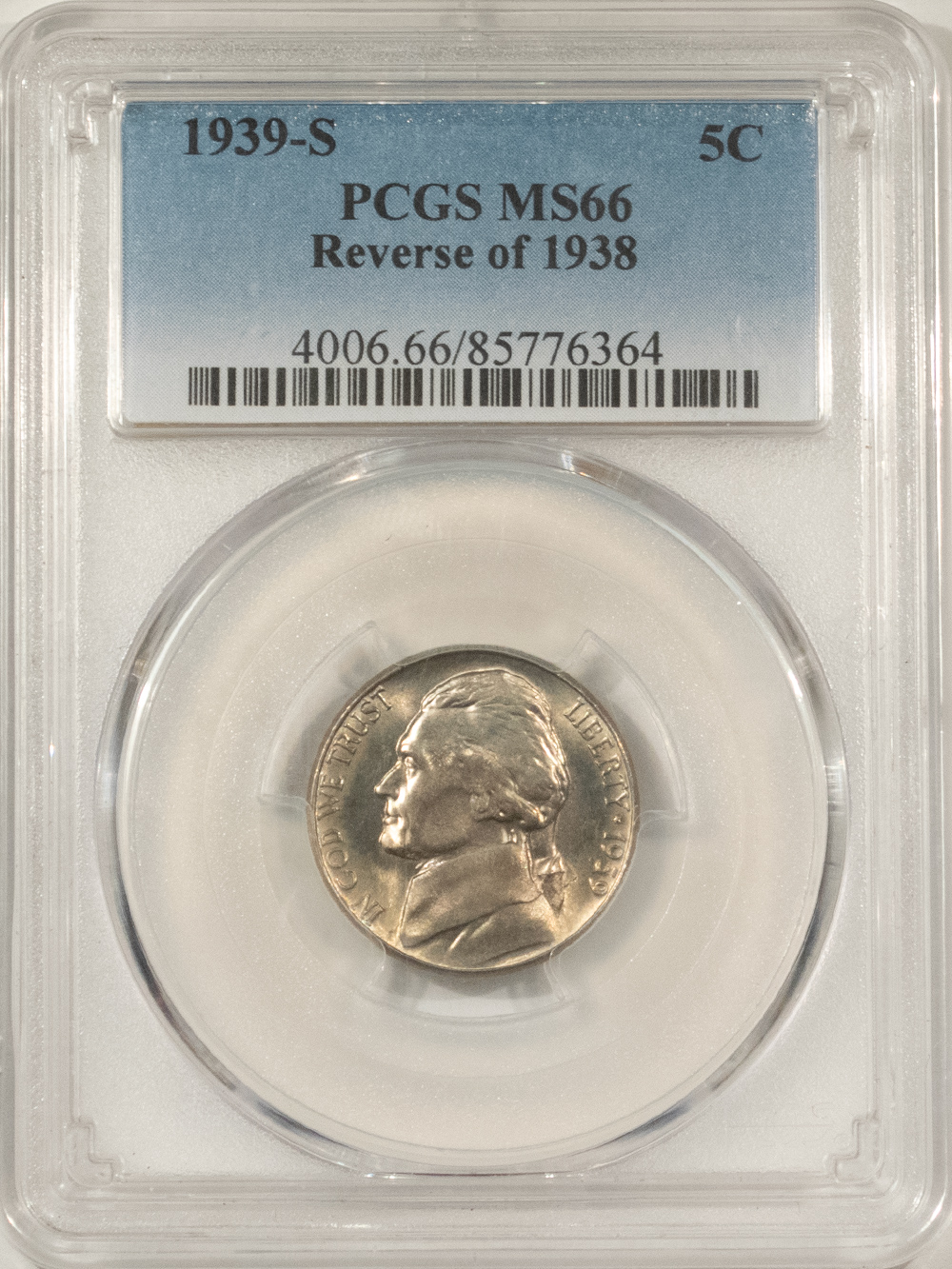 Jefferson Nickels 1939-S JEFFERSON NICKEL, REVERSE OF 1938 – PCGS MS-66 Jefferson Nickels 1939-S JEFFERSON NICKEL, REVERSE OF 1938 – PCGS MS-66