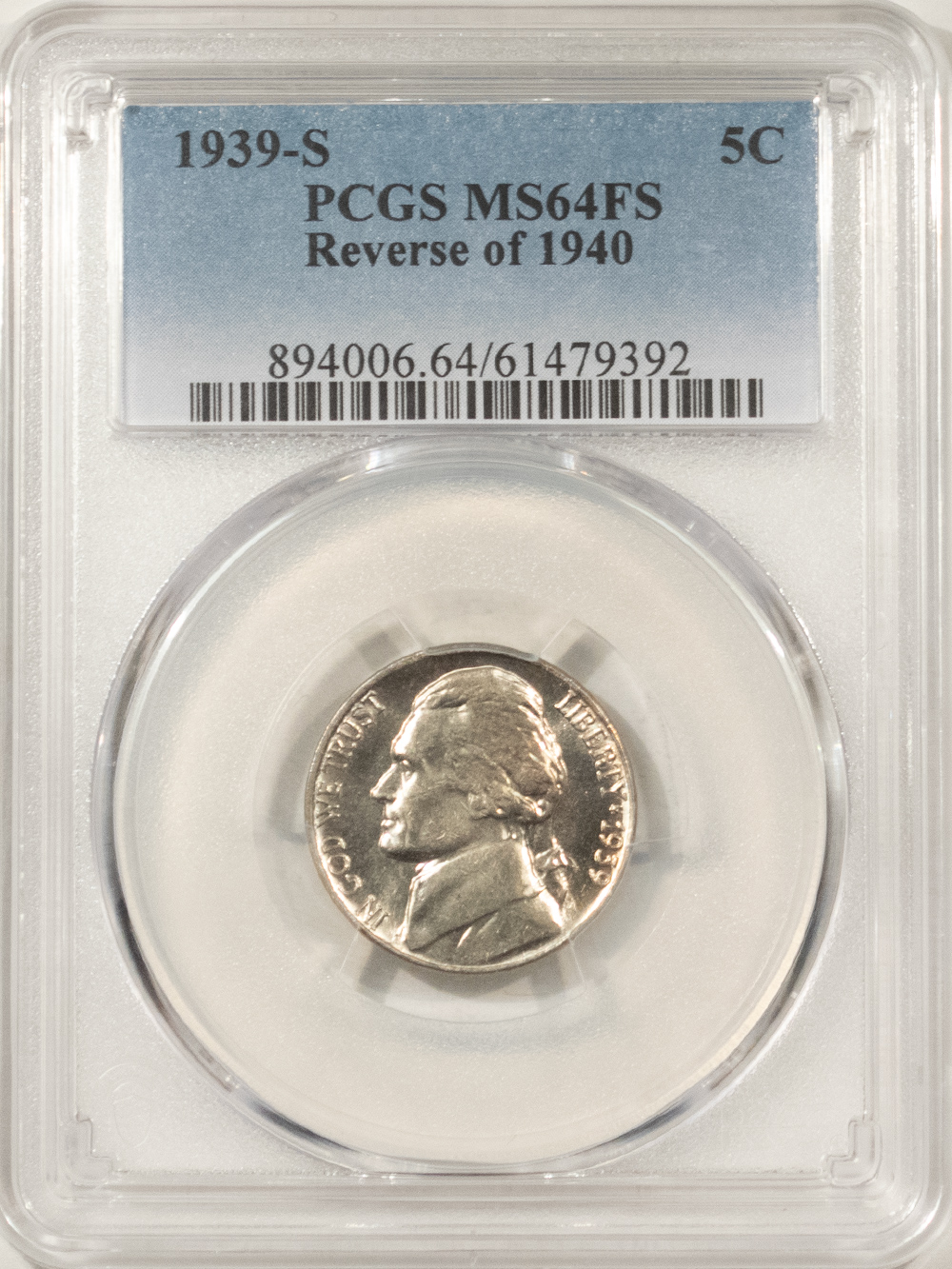 Jefferson Nickels 1939-S JEFFERSON NICKEL, REV OF 1940 – PCGS MS-64 FS, NEAT! LOOKS PROOF-LIKE! Jefferson Nickels 1939-S JEFFERSON NICKEL, REV OF 1940 – PCGS MS-64 FS, NEAT! LOOKS PROOF-LIKE!