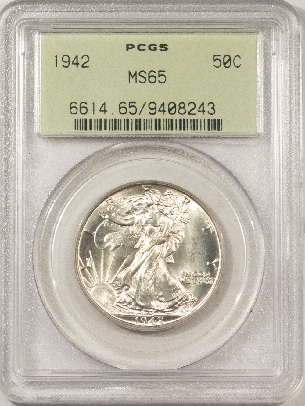 Half Dollars 1942 WALKING LIBERTY HALF DOLLAR – PCGS MS-65, OLD GREEN HOLDER, WHITE & PQ! Half Dollars 1942 WALKING LIBERTY HALF DOLLAR – PCGS MS-65, OLD GREEN HOLDER, WHITE & PQ!