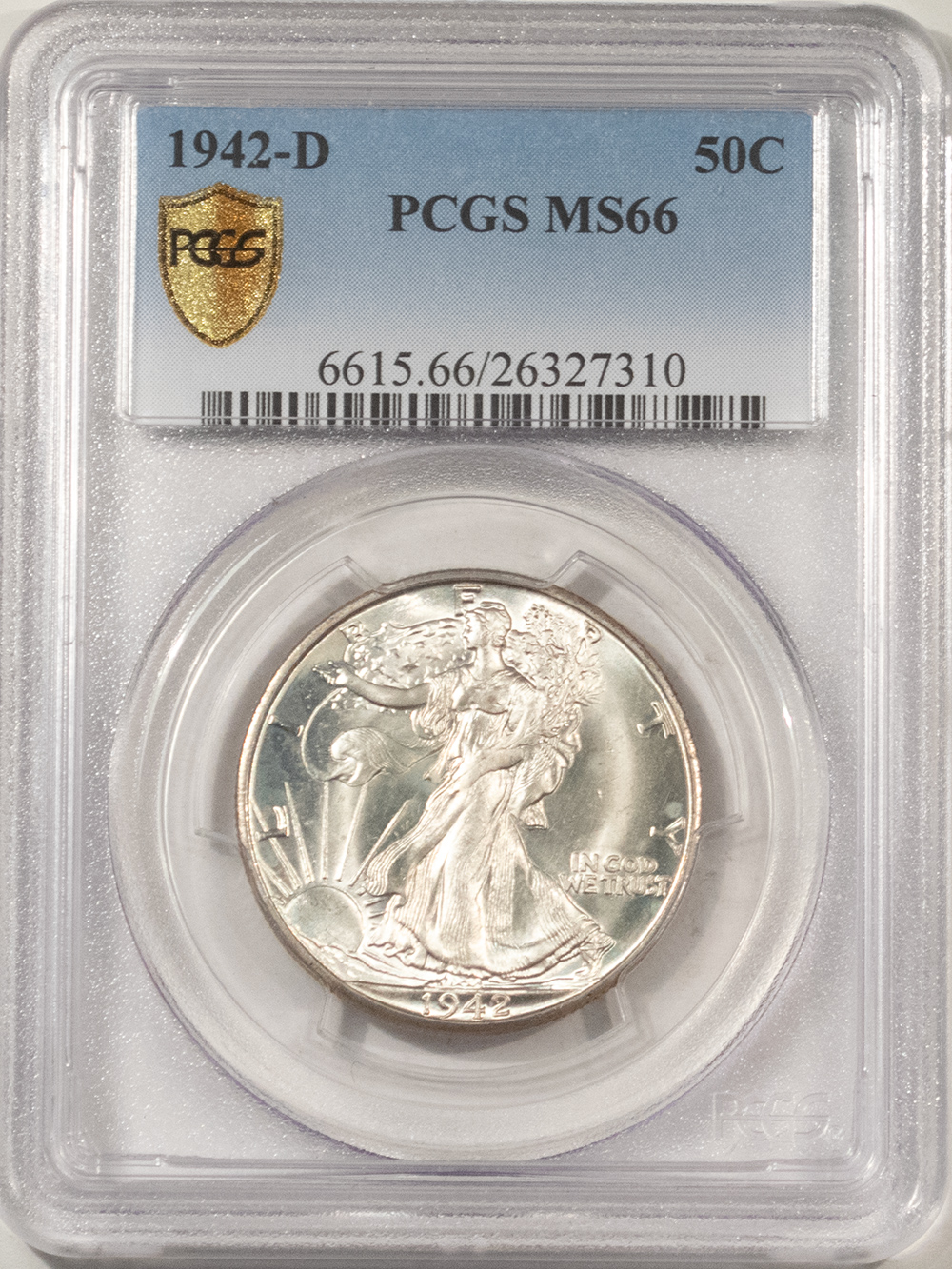 Half Dollars 1942-D WALKING LIBERTY HALF DOLLAR – PCGS MS-66, CREAMY ORIGINAL WHITE! Half Dollars 1942-D WALKING LIBERTY HALF DOLLAR – PCGS MS-66, CREAMY ORIGINAL WHITE!