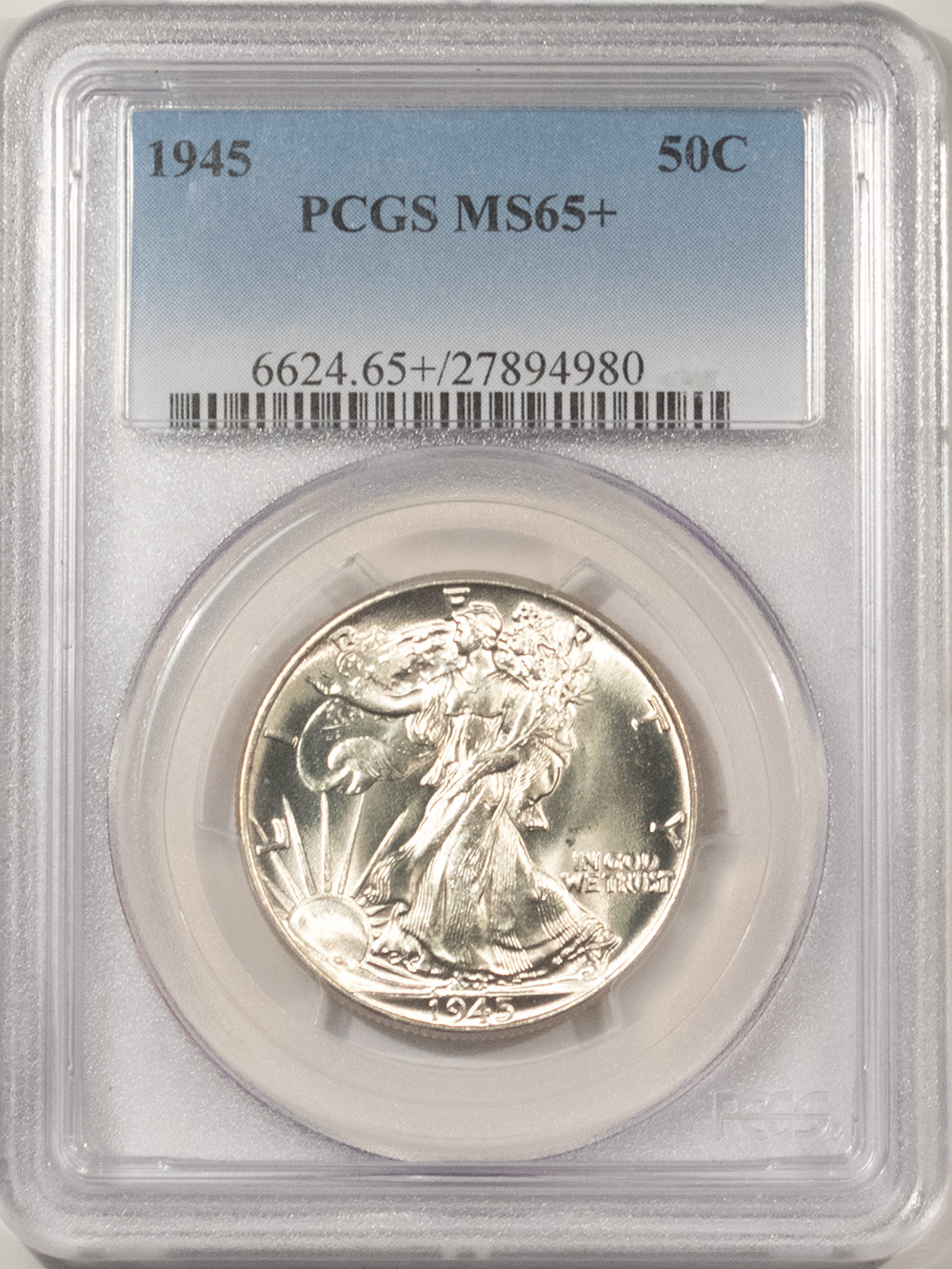 Half Dollars 1945 WALKING LIBERTY HALF DOLLAR – PCGS MS-65+, BLAST WHITE PREMIUM QUALITY! Half Dollars 1945 WALKING LIBERTY HALF DOLLAR – PCGS MS-65+, BLAST WHITE PREMIUM QUALITY!