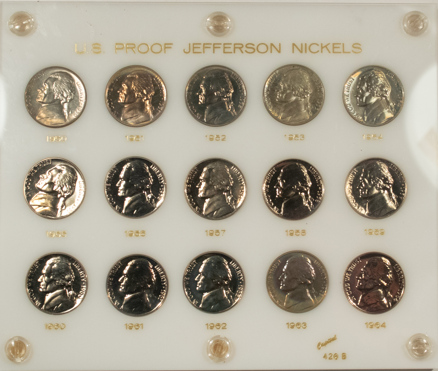 Jefferson Nickels 1950-1964 15 COIN PROOF JEFFERSON NICKEL SET IN VINTAGE CAPITAL HOLDER GEM PROOF Jefferson Nickels 1950-1964 15 COIN PROOF JEFFERSON NICKEL SET IN VINTAGE CAPITAL HOLDER GEM PROOF