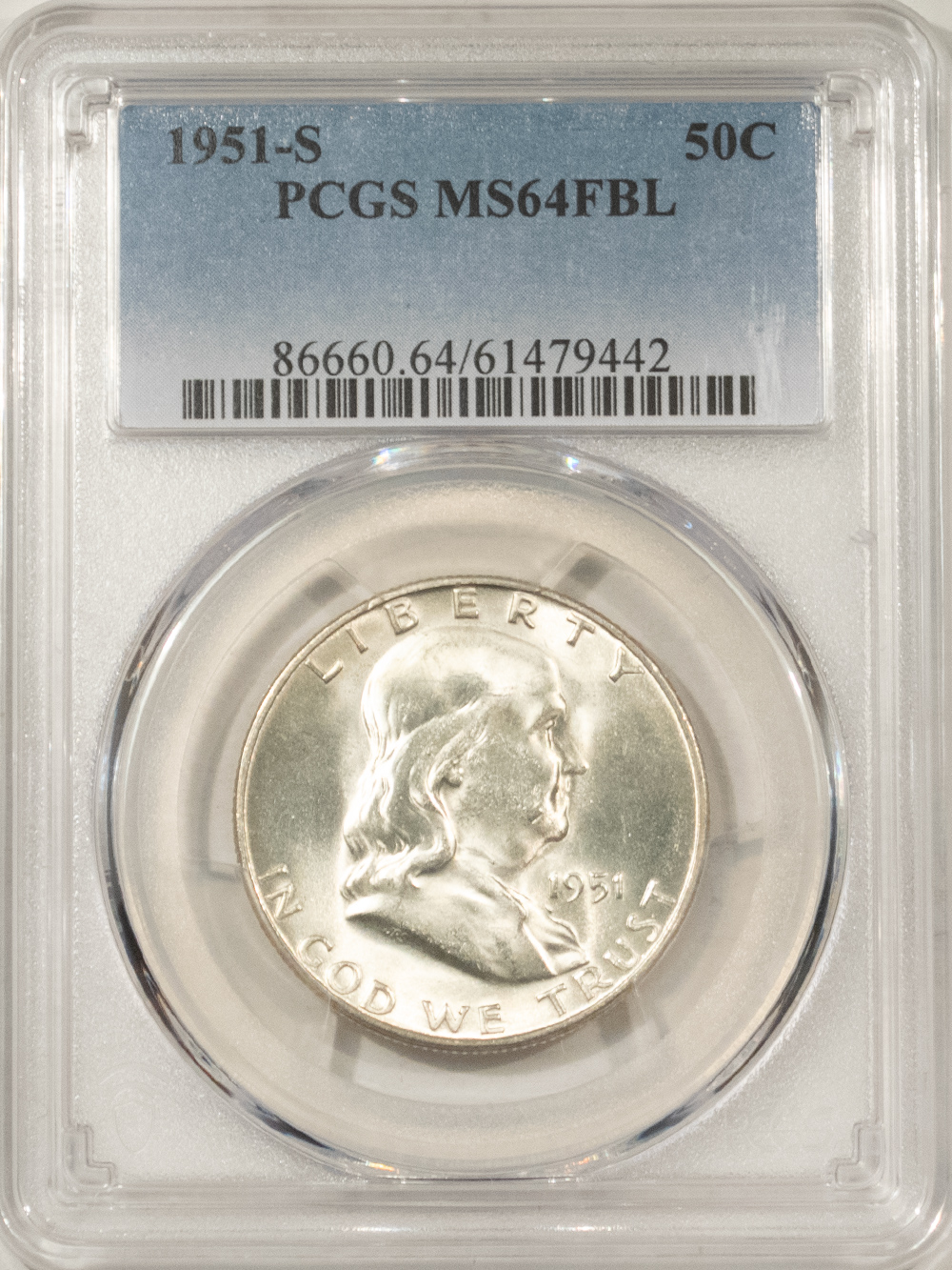Franklin Halves 1951-S FRANKLIN HALF DOLLAR – PCGS MS-64 FBL, FRESH WHITE & PREMIUM QUALITY! Franklin Halves 1951-S FRANKLIN HALF DOLLAR – PCGS MS-64 FBL, FRESH WHITE & PREMIUM QUALITY!