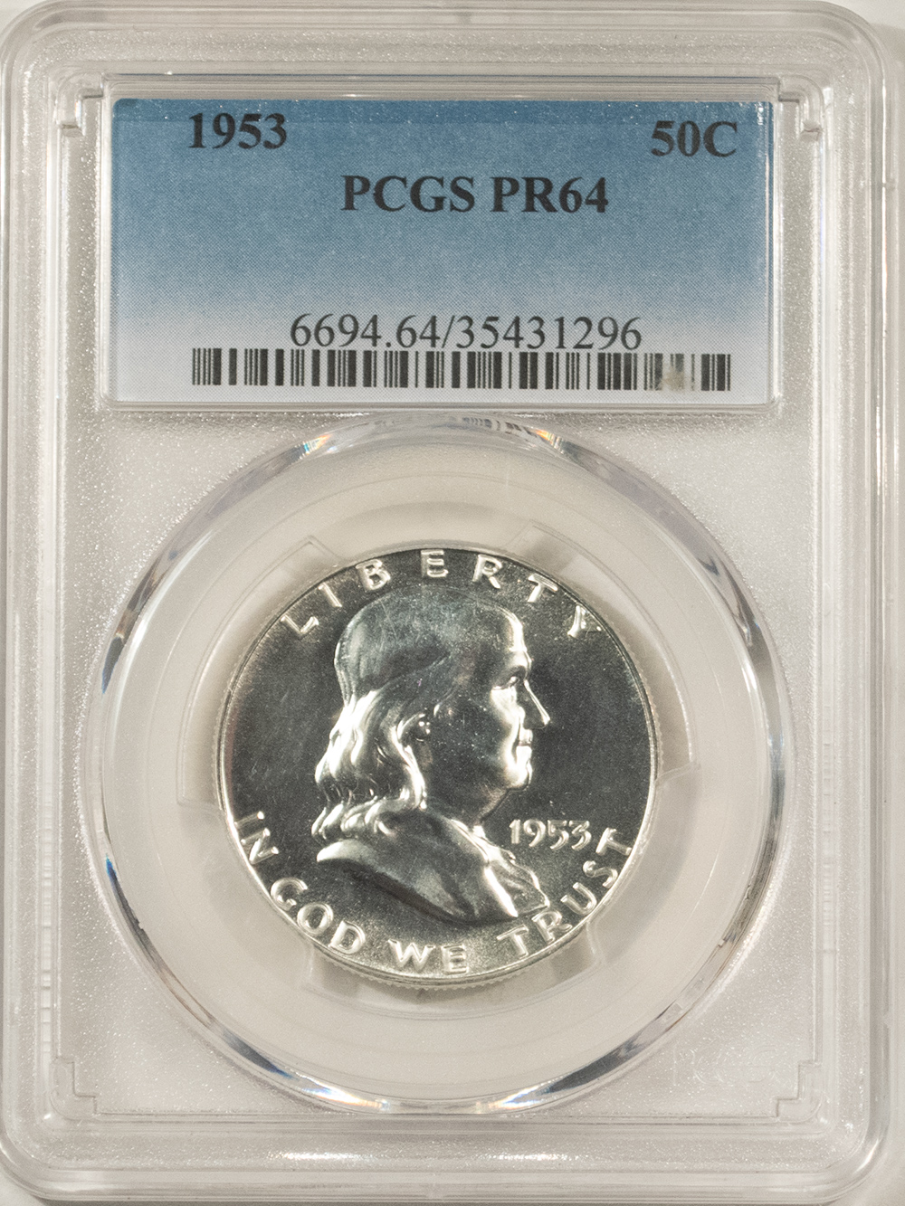 Franklin Halves 1953 PROOF FRANKLIN HALF DOLLAR – PCGS PR-64, WHITE! LOOKS GEM! Franklin Halves 1953 PROOF FRANKLIN HALF DOLLAR – PCGS PR-64, WHITE! LOOKS GEM!