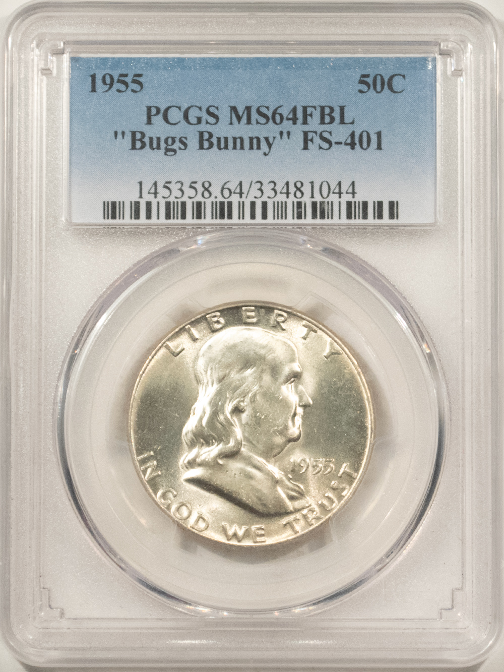 Franklin Halves 1955 FRANKLIN HALF DOLLAR “BUGS BUNNY” FS-401 – PCGS MS-64 FBL, POPULAR! Franklin Halves 1955 FRANKLIN HALF DOLLAR “BUGS BUNNY” FS-401 – PCGS MS-64 FBL, POPULAR!