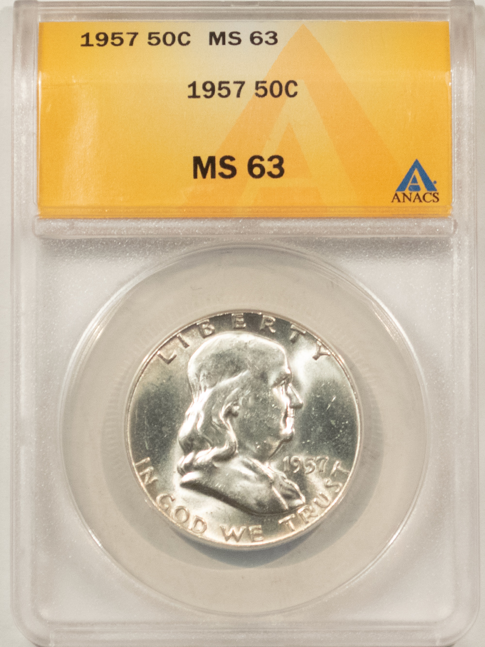 Franklin Halves 1957 FRANKLIN HALF DOLLAR – ANACS MS-63, WHITE! Franklin Halves 1957 FRANKLIN HALF DOLLAR – ANACS MS-63, WHITE!