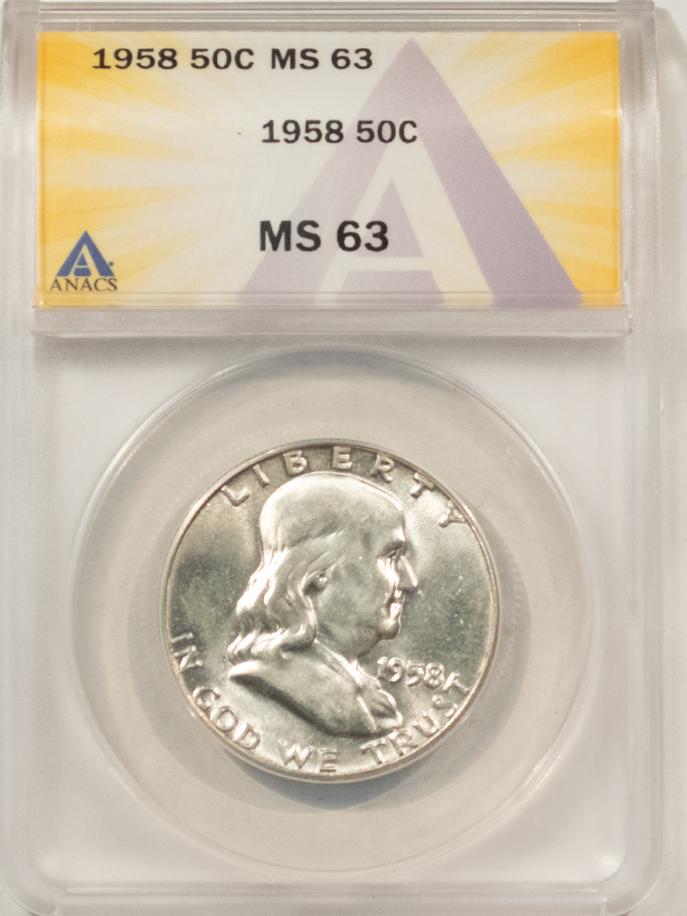 Franklin Halves 1958 FRANKLIN HALF DOLLAR – ANACS MS-63, WHITE! Franklin Halves 1958 FRANKLIN HALF DOLLAR – ANACS MS-63, WHITE!