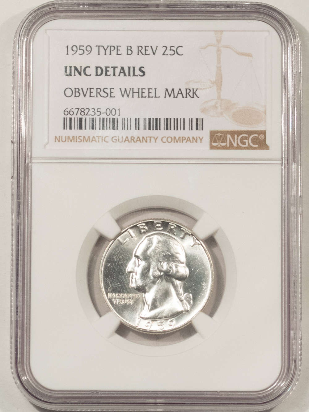 New Certified Coins 1959 WASHINGTON QUARTER, TYPE B REVERSE – NGC UNC DETAILS, OBVERSE WHEEL MARK New Certified Coins 1959 WASHINGTON QUARTER, TYPE B REVERSE – NGC UNC DETAILS, OBVERSE WHEEL MARK