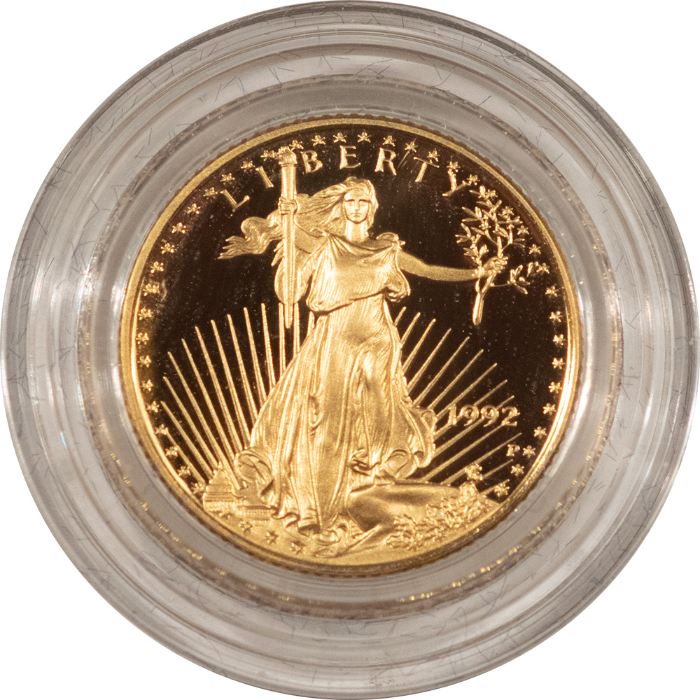American Gold Eagles, Buffaloes, & Liberty Series 1992 1/10 OZ PROOF $5 AMERICAN GOLD EAGLE – GEM PROOF WITH BOX AND COA! American Gold Eagles, Buffaloes, & Liberty Series 1992 1/10 OZ PROOF $5 AMERICAN GOLD EAGLE – GEM PROOF WITH BOX AND COA!