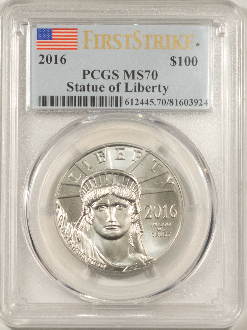 American Platinum Eagles 2016 $100 1 OZ .9995 PLATINUM EAGLE STATUE OF LIBERTY – PCGS MS-70 FIRST STRIKE! American Platinum Eagles 2016 $100 1 OZ .9995 PLATINUM EAGLE STATUE OF LIBERTY – PCGS MS-70 FIRST STRIKE!