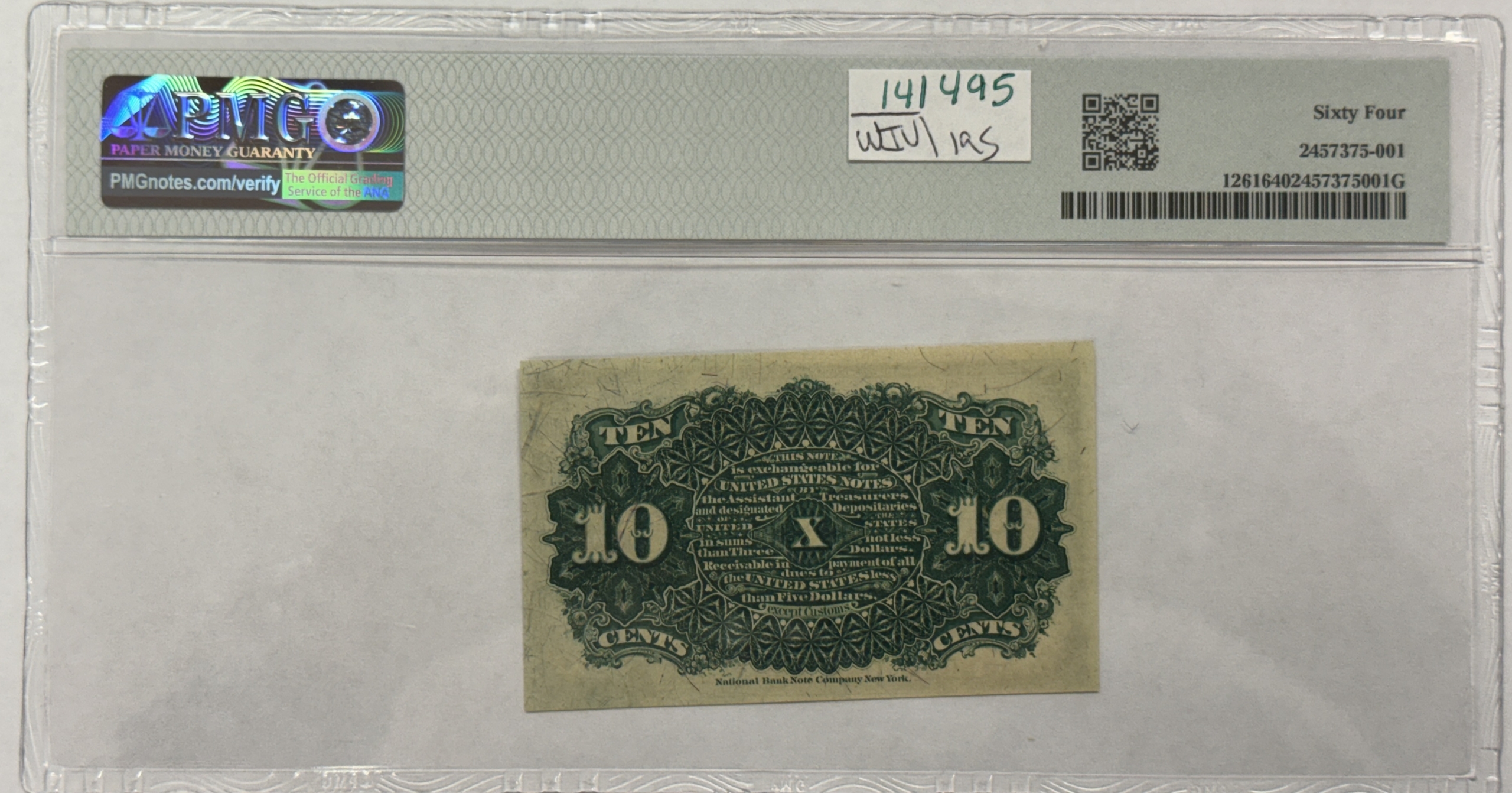 Fractional Currency 10c 4TH ISSUE FRACTIONAL CURRENCY, FR#1261 ALLISON/SPINNER 38MM SEAL – PMG CU-64 Fractional Currency 10c 4TH ISSUE FRACTIONAL CURRENCY, FR#1261 ALLISON/SPINNER 38MM SEAL – PMG CU-64