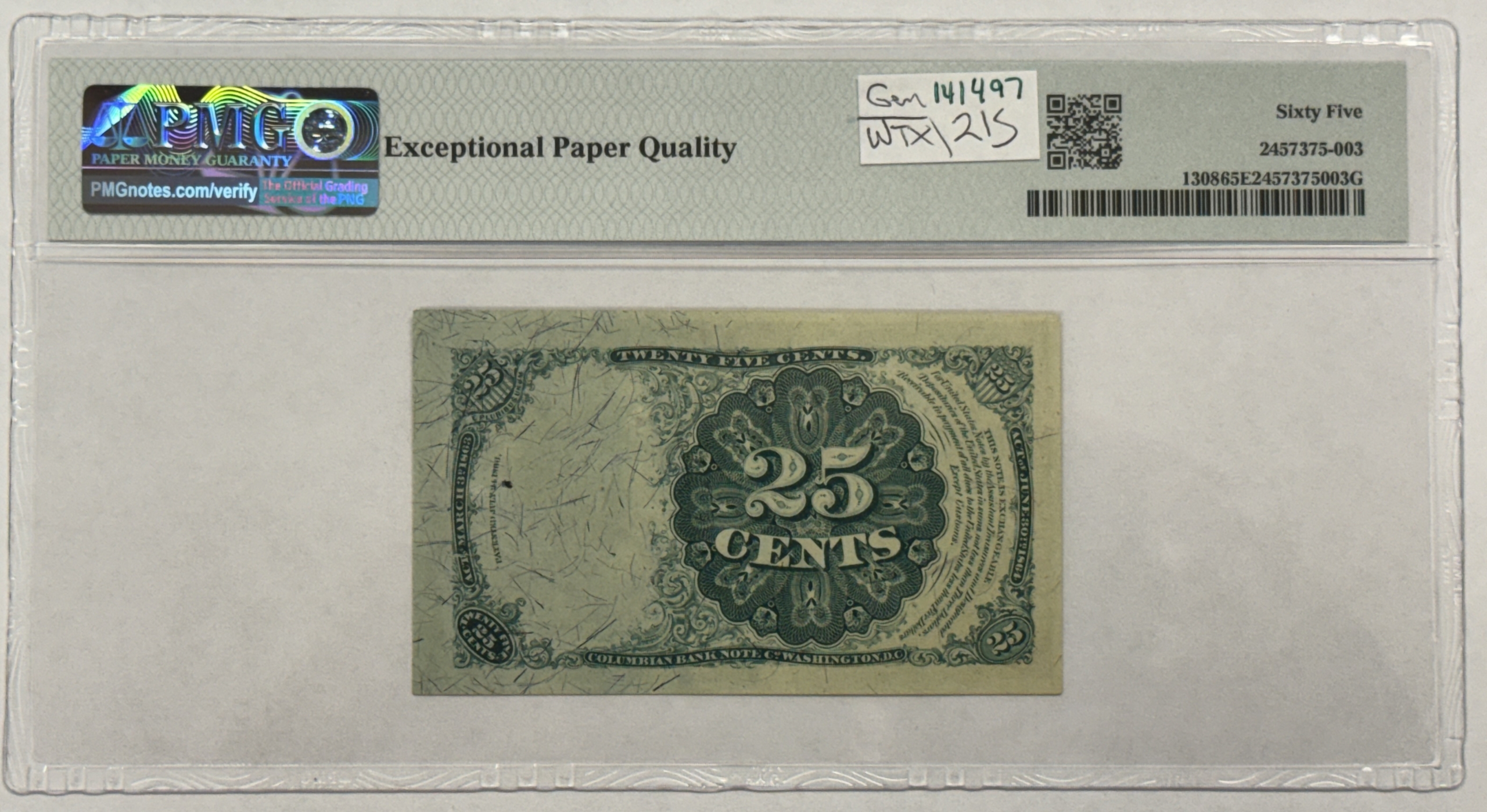 Fractional Currency 25c 5TH ISSUE FRACTIONAL CURRENCY FR#1308 ALLISON/SPINNER/LONG PMG GEM UNC 65EPQ Fractional Currency 25c 5TH ISSUE FRACTIONAL CURRENCY FR#1308 ALLISON/SPINNER/LONG PMG GEM UNC 65EPQ