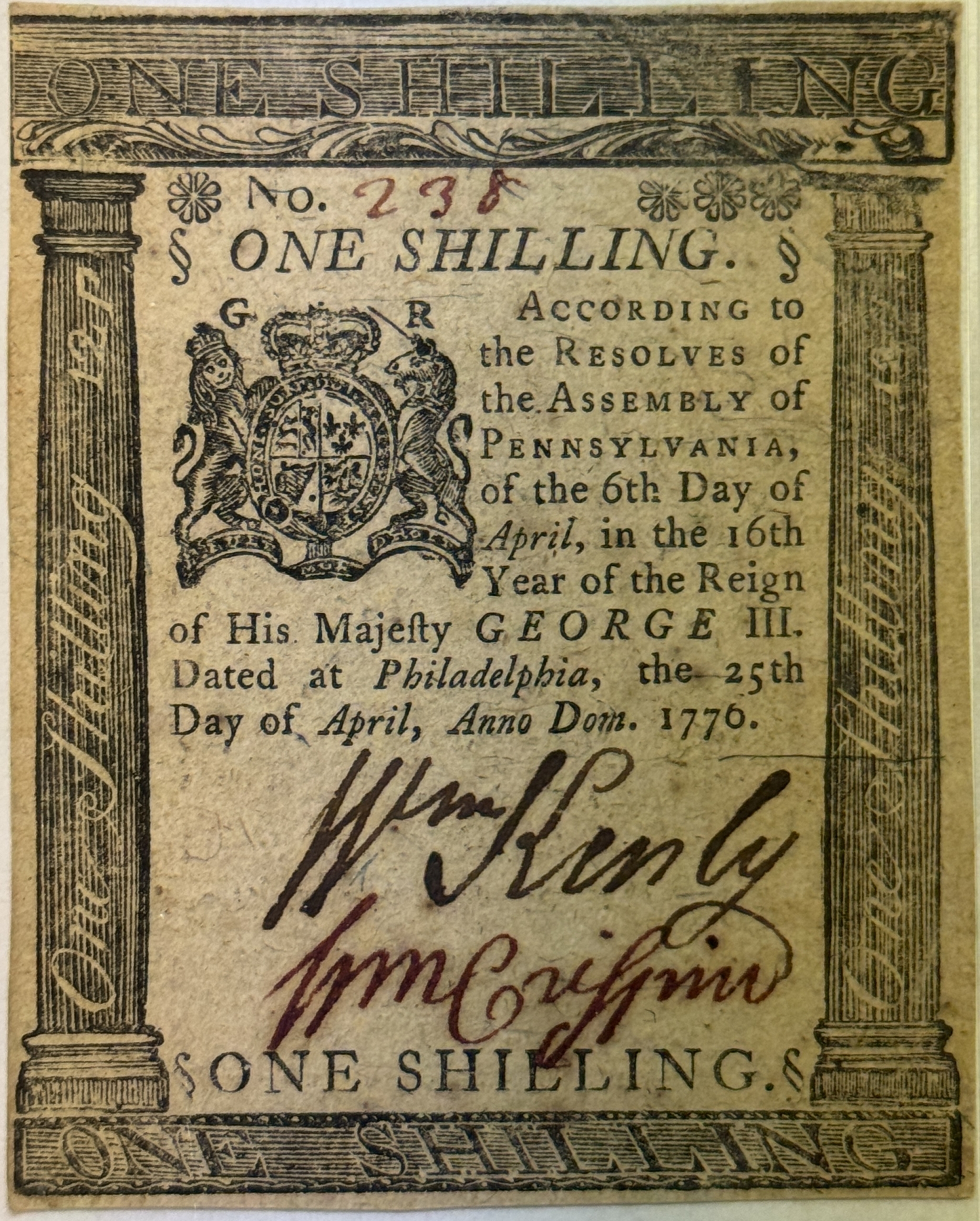 Continental & Colonial Currency APRIL 25,1776 PENNSYLVANIA COLONIAL NOTE 1 SHILLING, FR#PA-201 PMG AU-53 TRIMMED Continental & Colonial Currency APRIL 25,1776 PENNSYLVANIA COLONIAL NOTE 1 SHILLING, FR#PA-201 PMG AU-53 TRIMMED