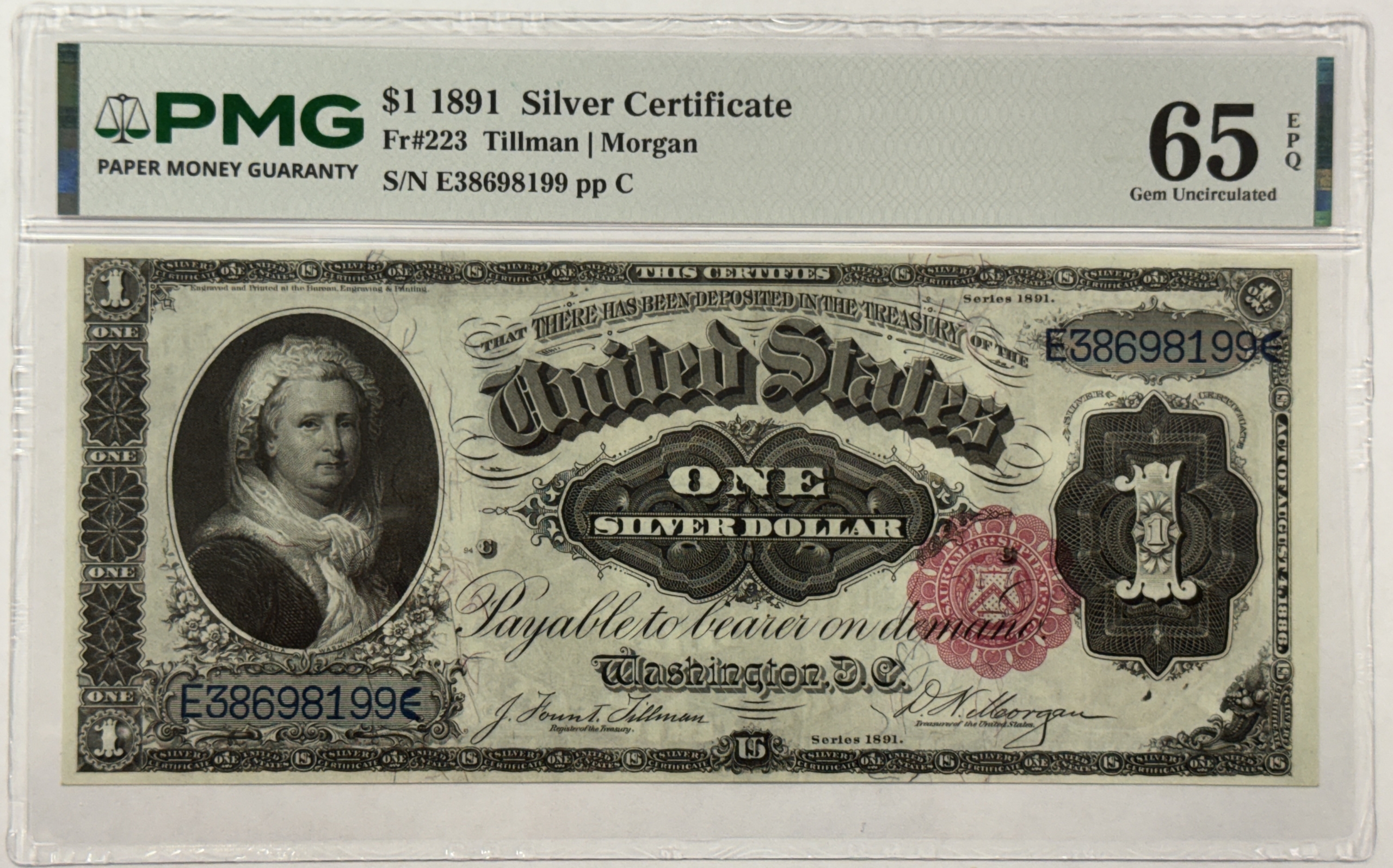 Large Silver Certificates 1891 $1 SILVER CERTIFICATE MARTHA WASHINGTON FR#223 PMG GEM UNC 65 EPQ FRESH GEM Large Silver Certificates 1891 $1 SILVER CERTIFICATE MARTHA WASHINGTON FR#223 PMG GEM UNC 65 EPQ FRESH GEM