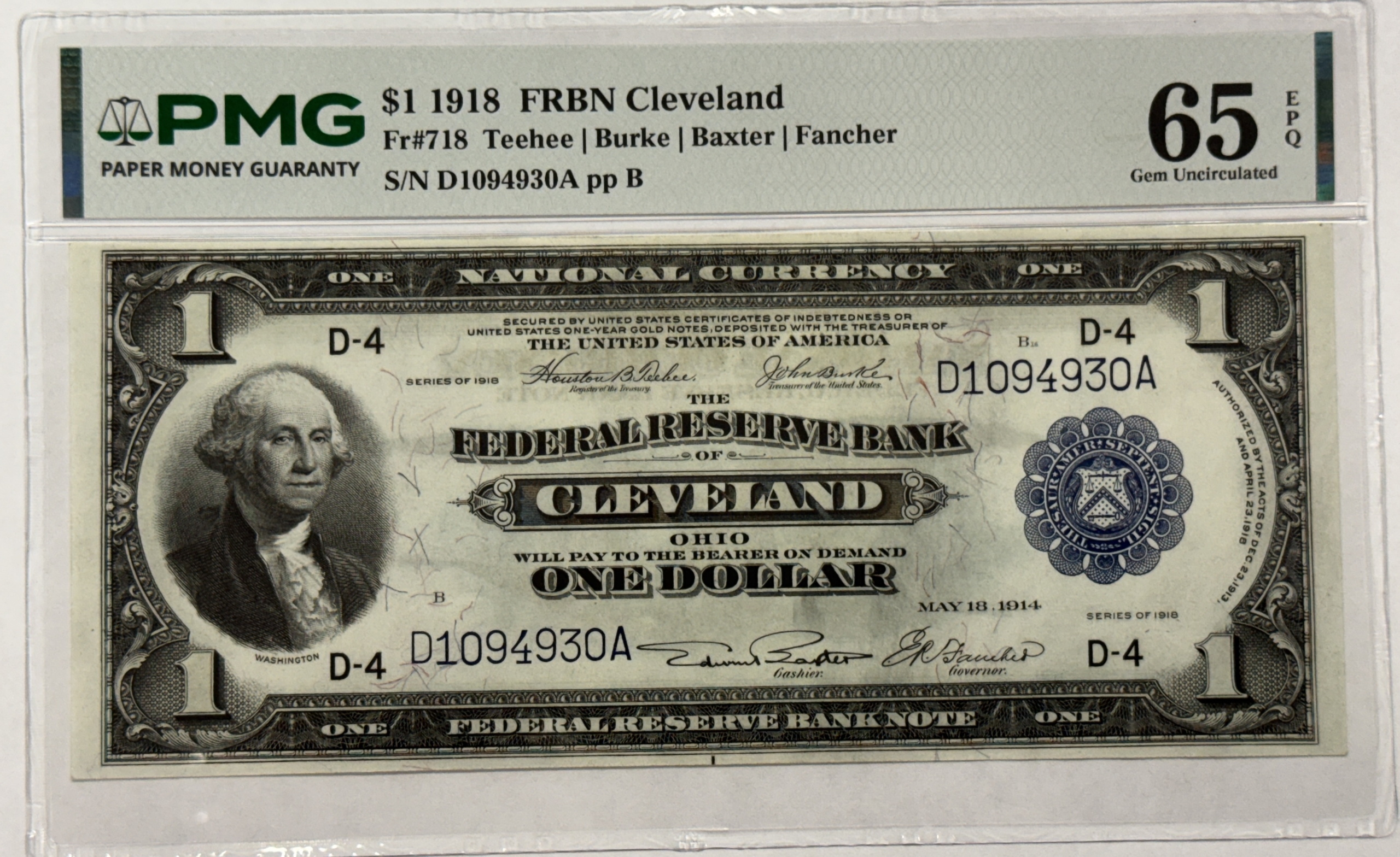 Large Federal Reserve Notes 1918 $1 FEDERAL RESERVE BANKNOTE, D-4, CLEVELAND FR-718 PMG GEM UNC 65 EPQ GEM! Large Federal Reserve Notes 1918 $1 FEDERAL RESERVE BANKNOTE, D-4, CLEVELAND FR-718 PMG GEM UNC 65 EPQ GEM!