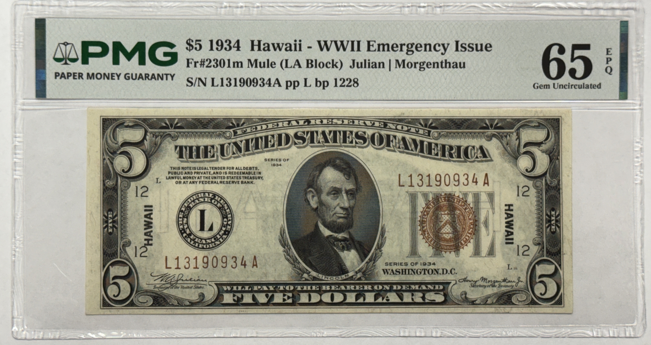 New Store Items 1934 $5 HAWAII NOTE, WWII EMERGENCY ISSUE FR-2301m MULE PMG GEM UNC 65 EPQ TOUGH New Store Items 1934 $5 HAWAII NOTE, WWII EMERGENCY ISSUE FR-2301m MULE PMG GEM UNC 65 EPQ TOUGH