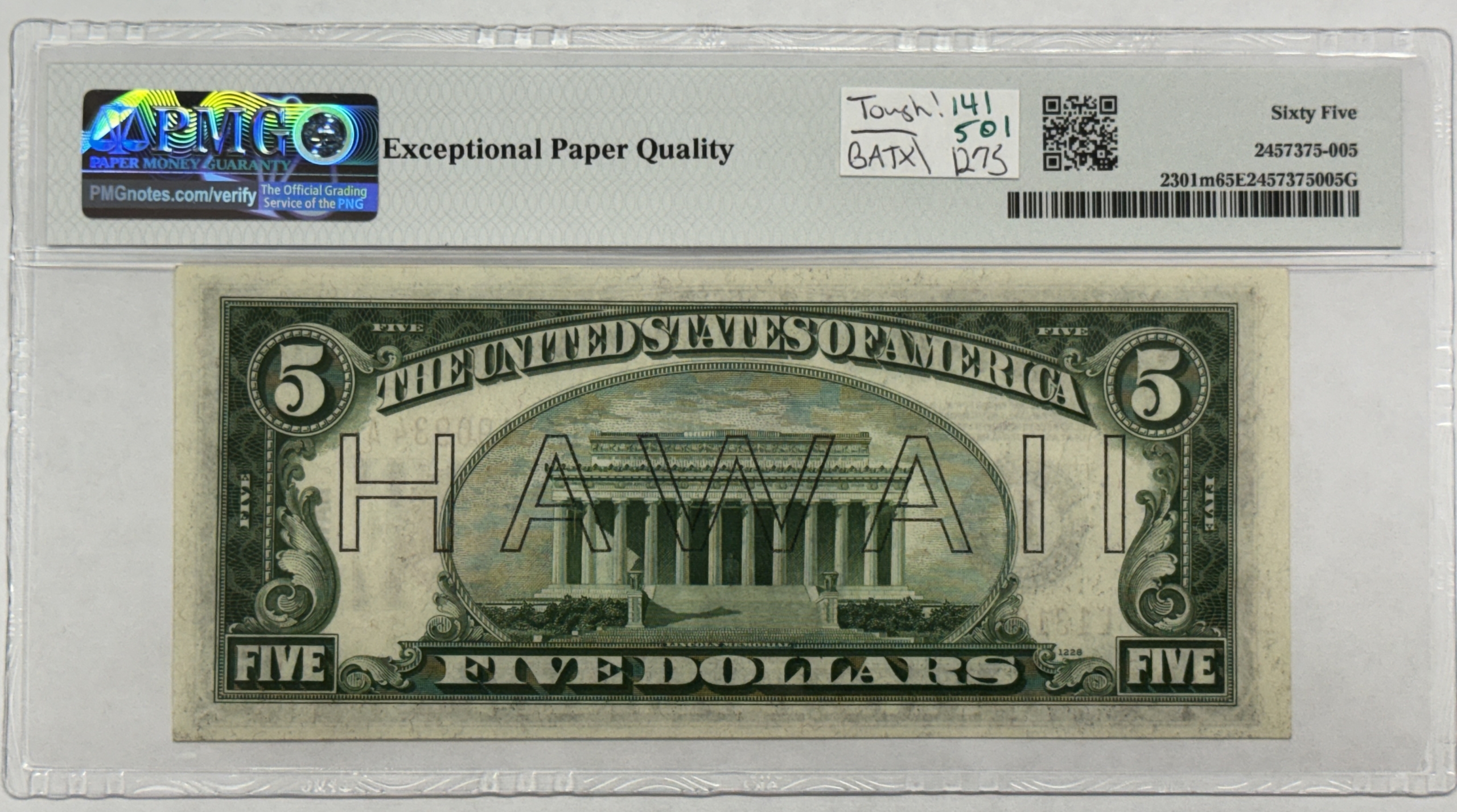 New Store Items 1934 $5 HAWAII NOTE, WWII EMERGENCY ISSUE FR-2301m MULE PMG GEM UNC 65 EPQ TOUGH New Store Items 1934 $5 HAWAII NOTE, WWII EMERGENCY ISSUE FR-2301m MULE PMG GEM UNC 65 EPQ TOUGH
