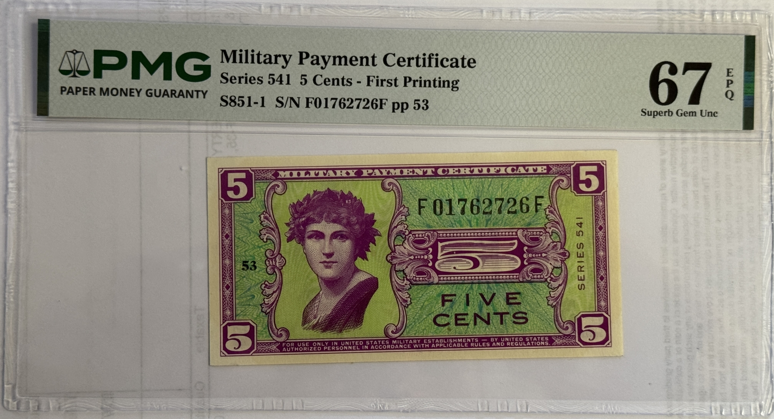 Military Payment Certificates SERIES 541 5C MPC MILITARY PAYMENT CERTIFICATE S851-1 PMG SUPERB GEM CU-67 EPQ Military Payment Certificates SERIES 541 5C MPC MILITARY PAYMENT CERTIFICATE S851-1 PMG SUPERB GEM CU-67 EPQ