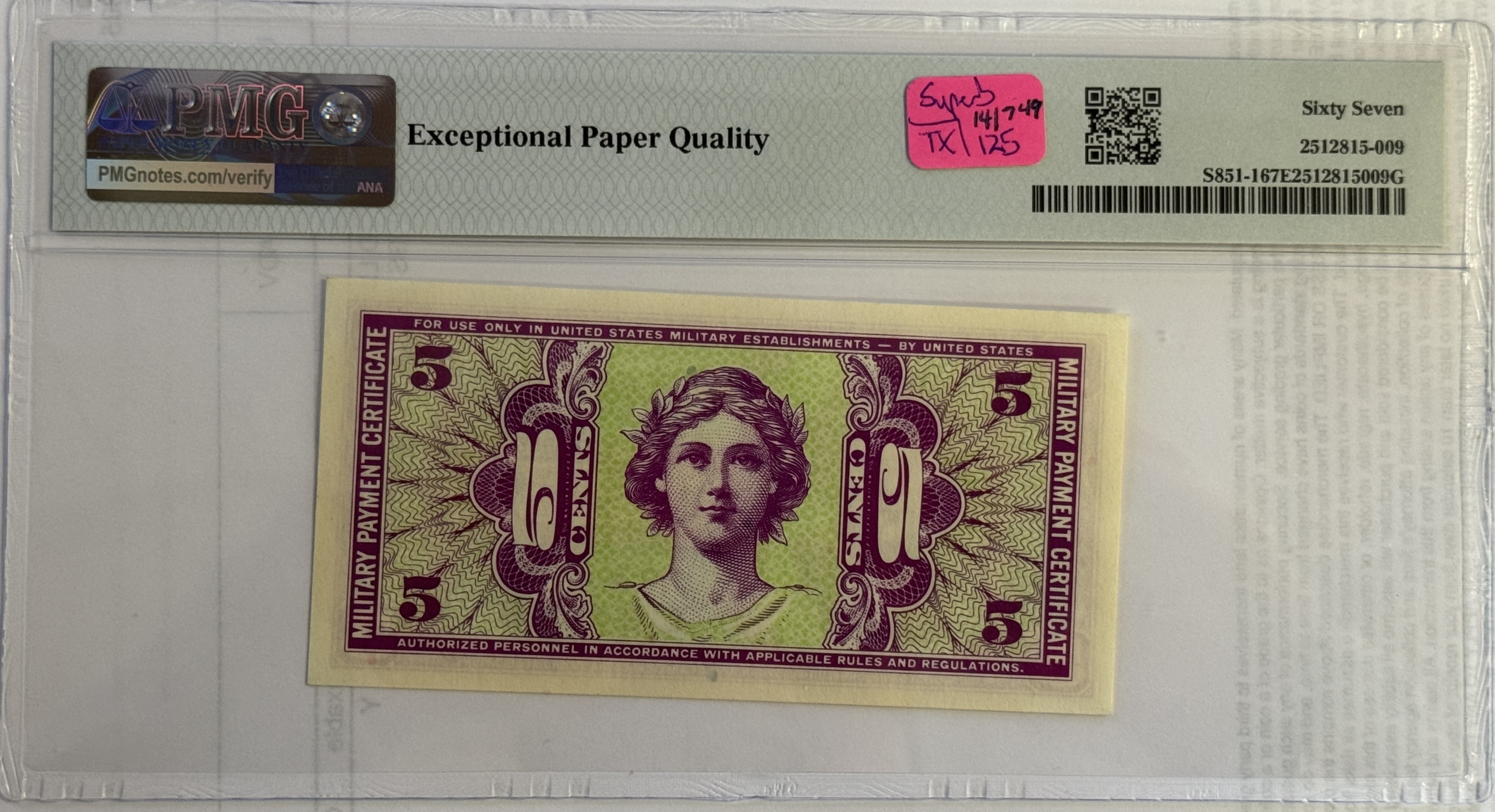 Military Payment Certificates SERIES 541 5C MPC MILITARY PAYMENT CERTIFICATE S851-1 PMG SUPERB GEM CU-67 EPQ Military Payment Certificates SERIES 541 5C MPC MILITARY PAYMENT CERTIFICATE S851-1 PMG SUPERB GEM CU-67 EPQ
