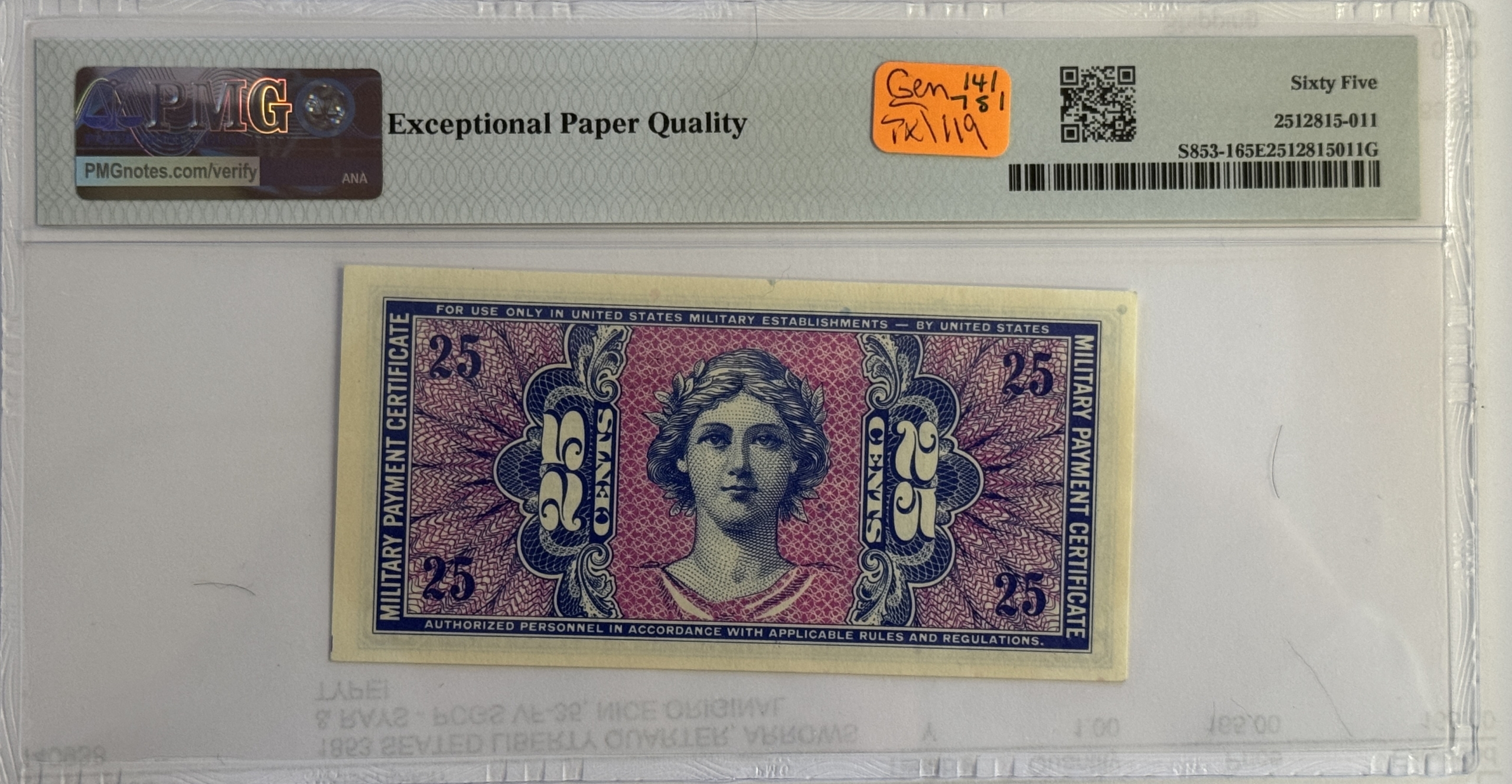 Military Payment Certificates SERIES 541 25 CENTS MPC MILITARY PAYMENT CERTIFICATE S853-1 – PMG GEM UNC-65 EPQ Military Payment Certificates SERIES 541 25 CENTS MPC MILITARY PAYMENT CERTIFICATE S853-1 – PMG GEM UNC-65 EPQ