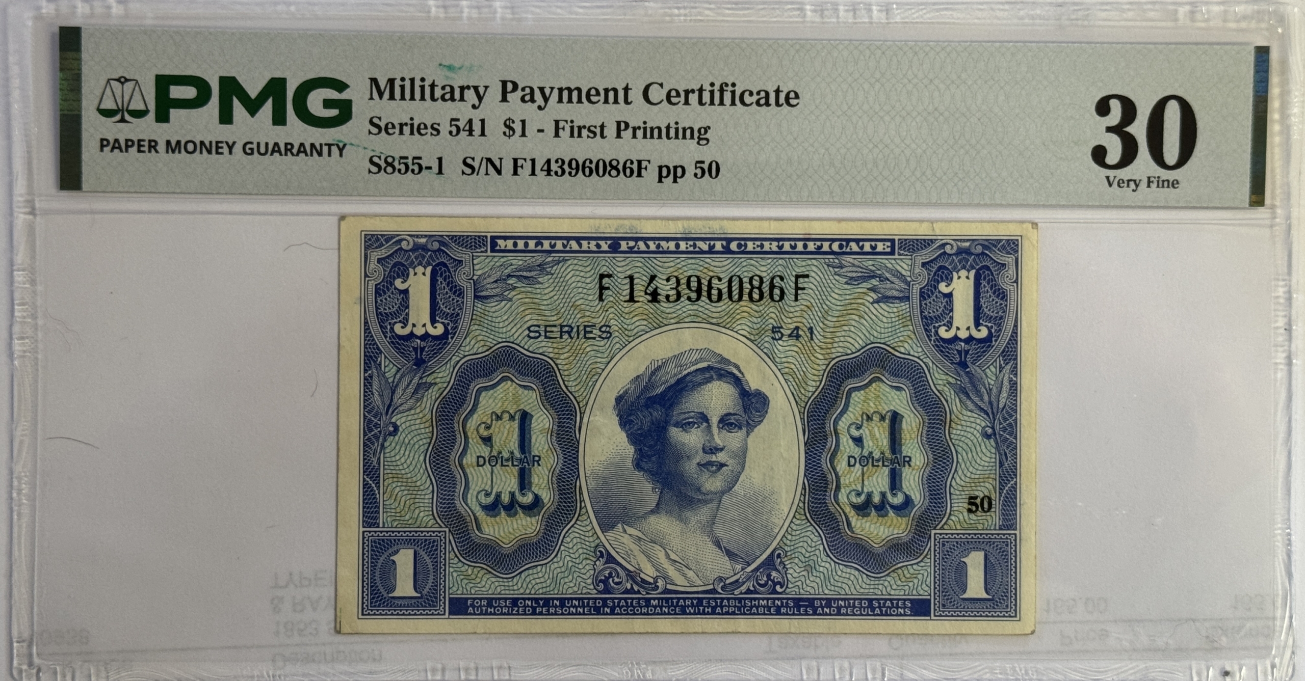 Military Payment Certificates SERIES 541 $1 MPC MILITARY PAYMENT CERTIFICATE S855-1 – PMG VF-30, SMALL TEAR Military Payment Certificates SERIES 541 $1 MPC MILITARY PAYMENT CERTIFICATE S855-1 – PMG VF-30, SMALL TEAR