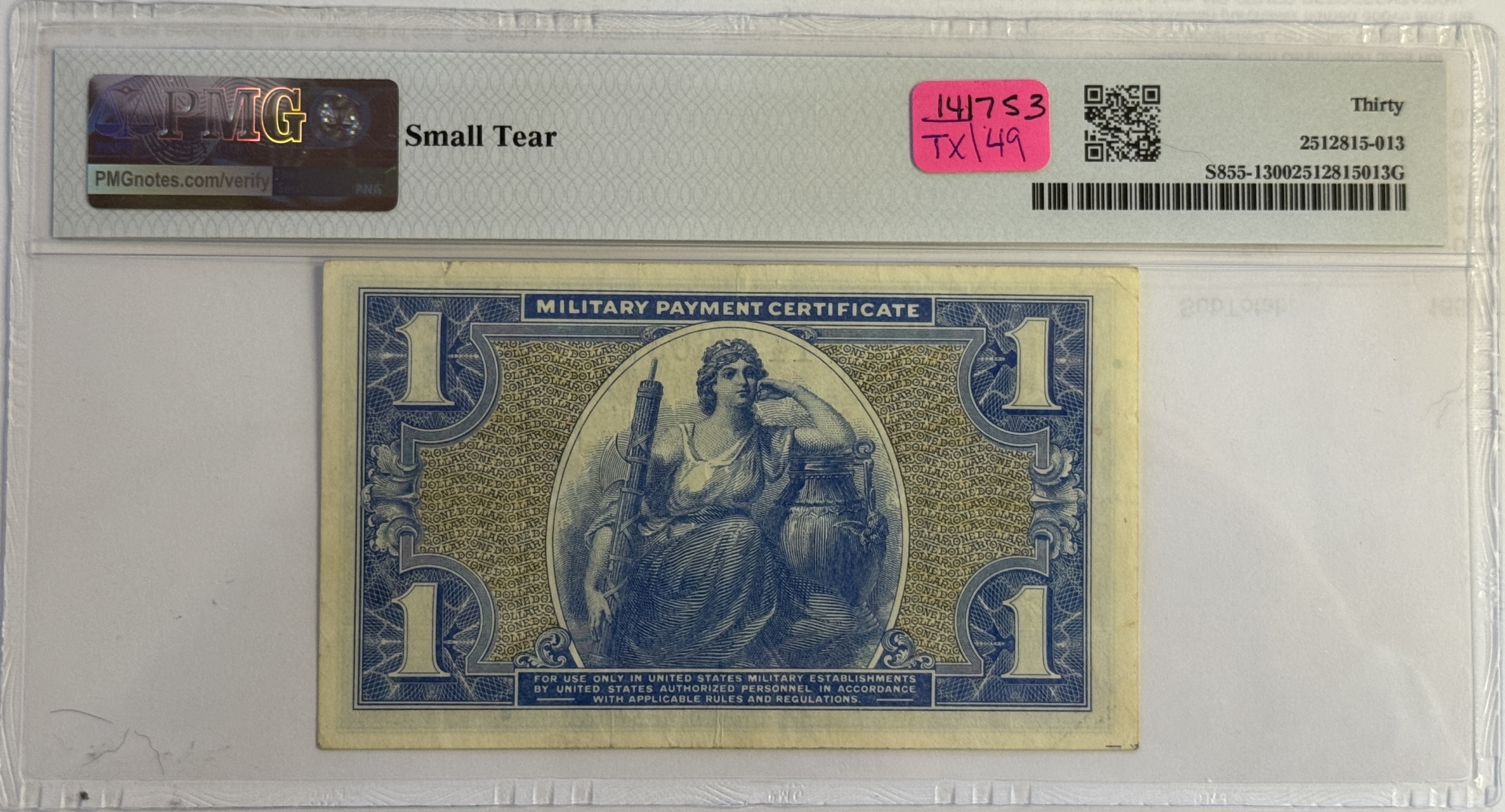 Military Payment Certificates SERIES 541 $1 MPC MILITARY PAYMENT CERTIFICATE S855-1 – PMG VF-30, SMALL TEAR Military Payment Certificates SERIES 541 $1 MPC MILITARY PAYMENT CERTIFICATE S855-1 – PMG VF-30, SMALL TEAR