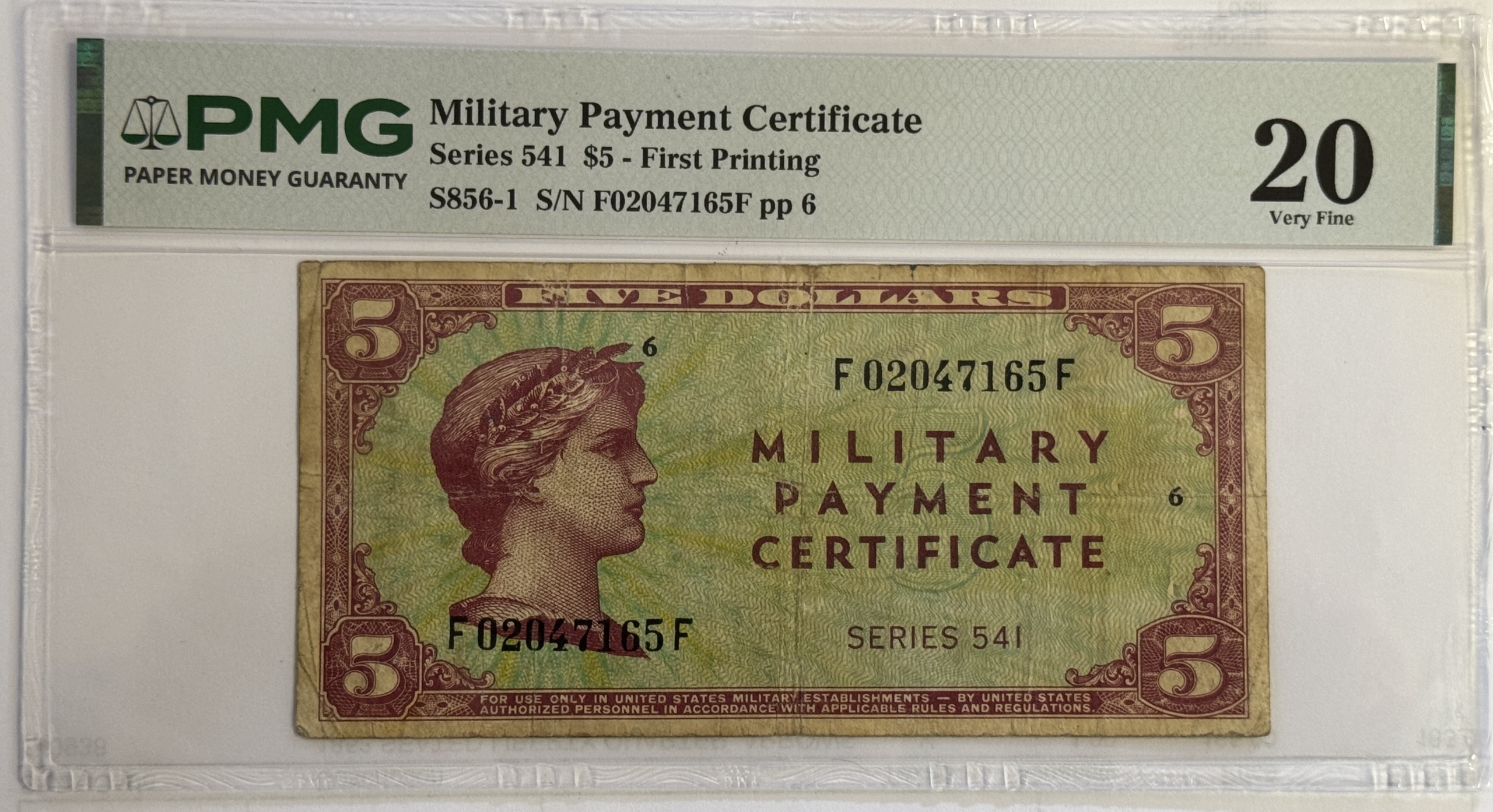 Military Payment Certificates SERIES 541 $5 MPC MILITARY PAYMENT CERTIFICATE S856-1 PMG VF-20, TEARS BUT RARE! Military Payment Certificates SERIES 541 $5 MPC MILITARY PAYMENT CERTIFICATE S856-1 PMG VF-20, TEARS BUT RARE!