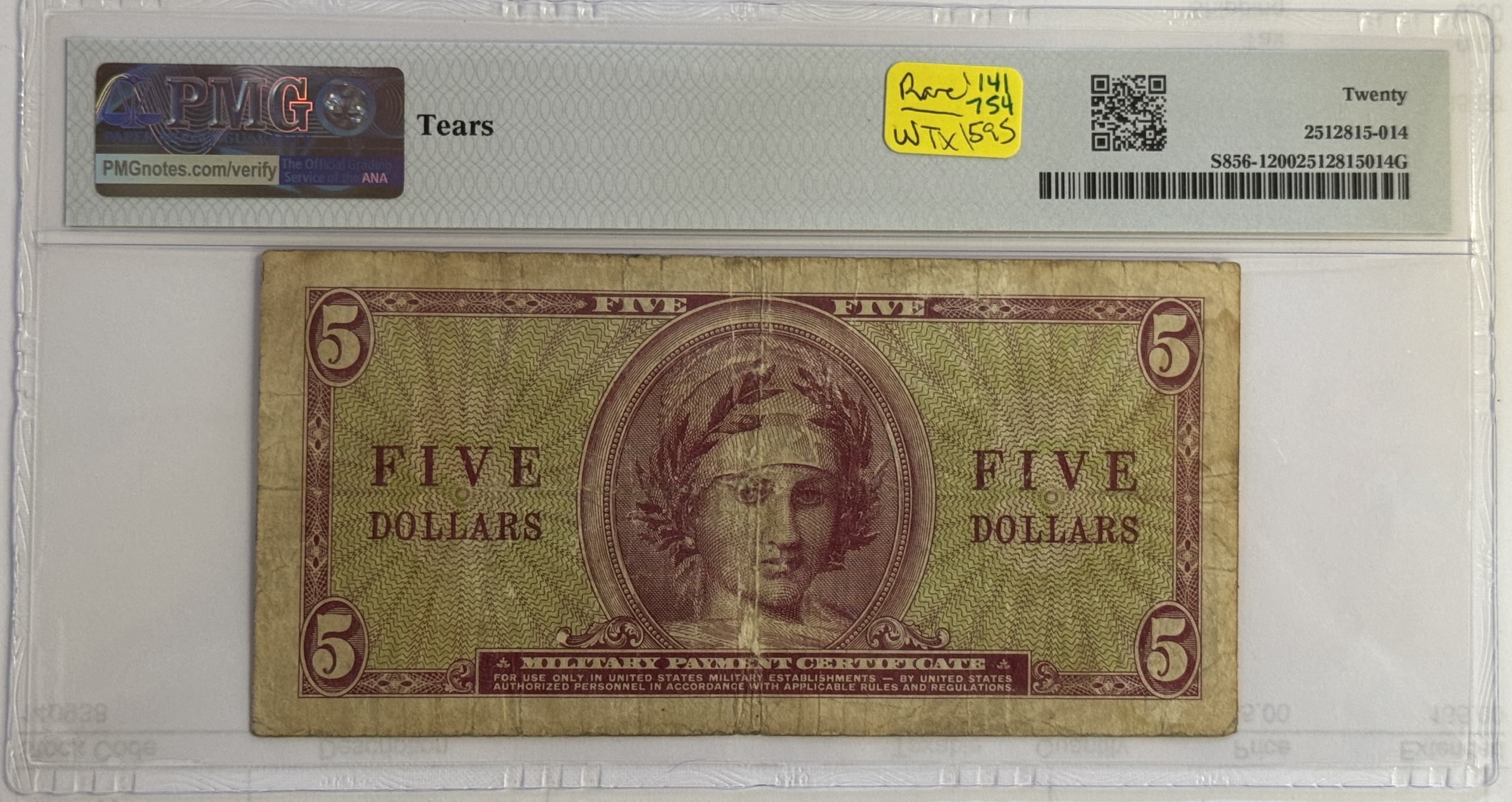 Military Payment Certificates SERIES 541 $5 MPC MILITARY PAYMENT CERTIFICATE S856-1 PMG VF-20, TEARS BUT RARE! Military Payment Certificates SERIES 541 $5 MPC MILITARY PAYMENT CERTIFICATE S856-1 PMG VF-20, TEARS BUT RARE!