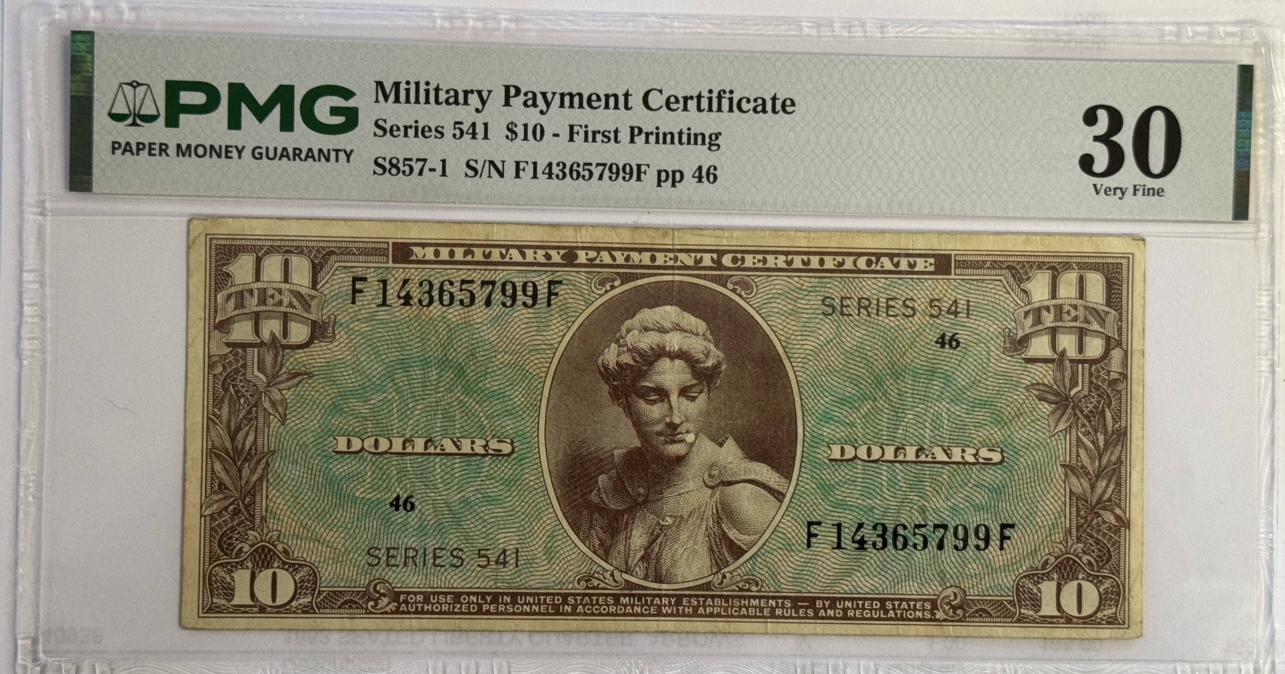Military Payment Certificates SERIES 541 $10 MPC MILITARY PAYMENT CERTIFICATE S857-1 – PMG VF-30, TOUGH! Military Payment Certificates SERIES 541 $10 MPC MILITARY PAYMENT CERTIFICATE S857-1 – PMG VF-30, TOUGH!