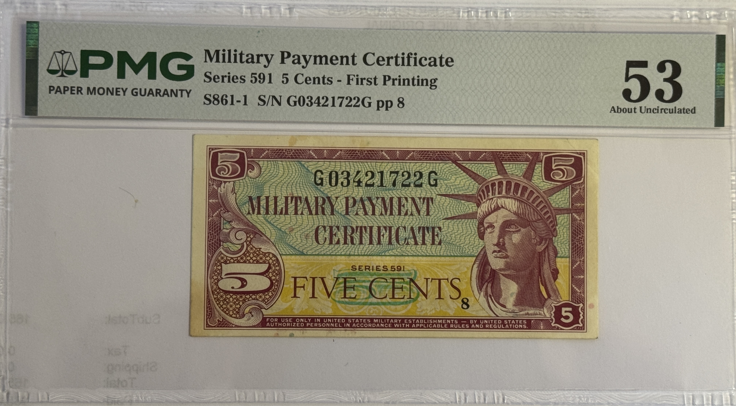Military Payment Certificates SERIES 591 5 CENTS MPC MILITARY PAYMENT CERTIFICATE S861-1 – PMG AU-53, STAINS Military Payment Certificates SERIES 591 5 CENTS MPC MILITARY PAYMENT CERTIFICATE S861-1 – PMG AU-53, STAINS