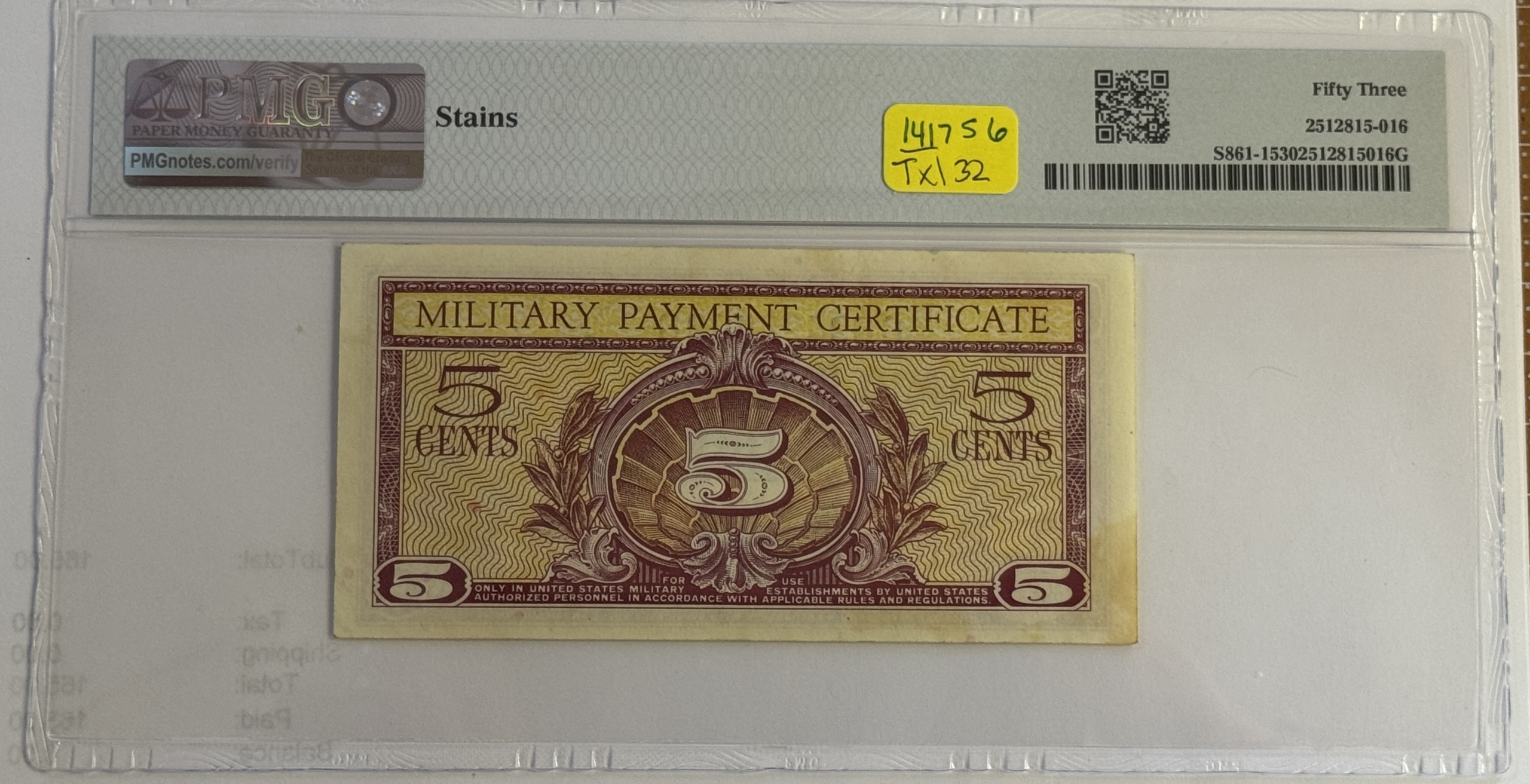 Military Payment Certificates SERIES 591 5 CENTS MPC MILITARY PAYMENT CERTIFICATE S861-1 – PMG AU-53, STAINS Military Payment Certificates SERIES 591 5 CENTS MPC MILITARY PAYMENT CERTIFICATE S861-1 – PMG AU-53, STAINS