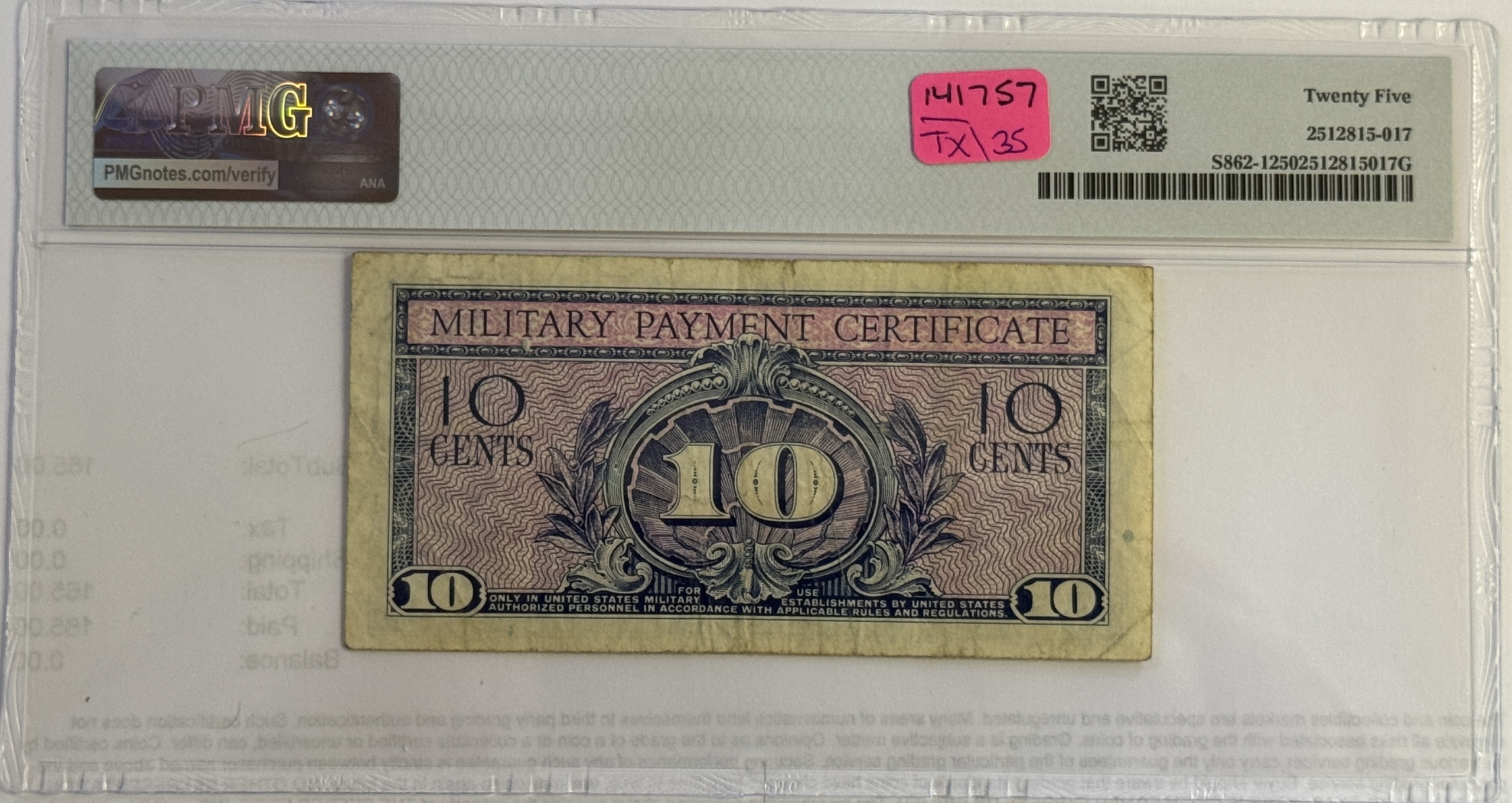 Military Payment Certificates SERIES 591 10 CENTS MPC MILITARY PAYMENT CERTIFICATE S862-1 – PMG VF-25 Military Payment Certificates SERIES 591 10 CENTS MPC MILITARY PAYMENT CERTIFICATE S862-1 – PMG VF-25