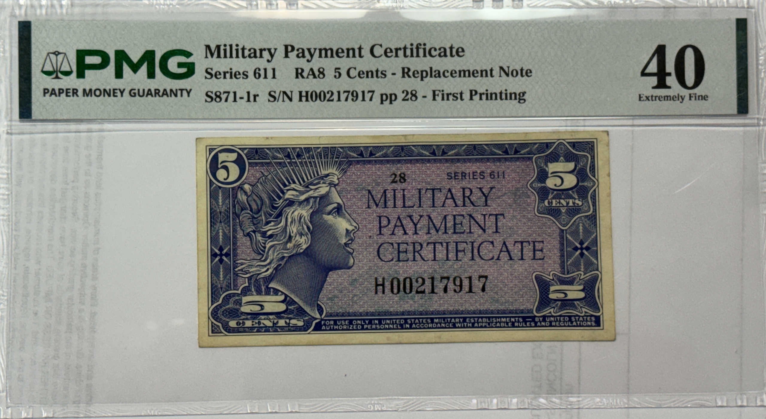 SERIES 611 5 CENTS MPC MILITARY PAYMENT CERTIFICATE REPLACEMENT  display picture 1