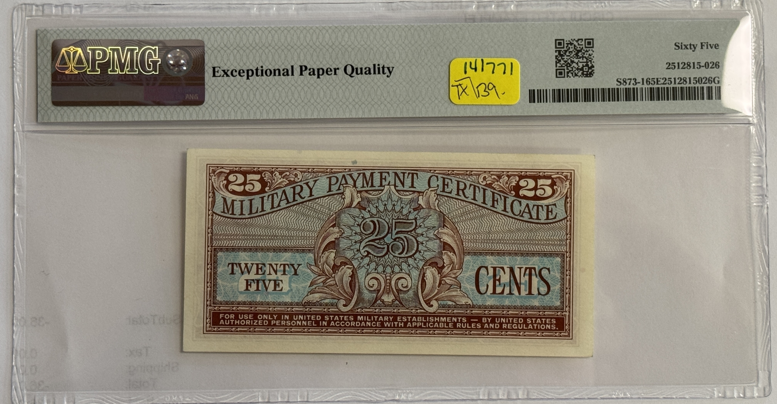 Military Payment Certificates SERIES 611 25 CENTS MPC MILITARY PAYMENT CERTIFICATE, S873-1 PMG GEM UNC 65 EPQ! Military Payment Certificates SERIES 611 25 CENTS MPC MILITARY PAYMENT CERTIFICATE, S873-1 PMG GEM UNC 65 EPQ!